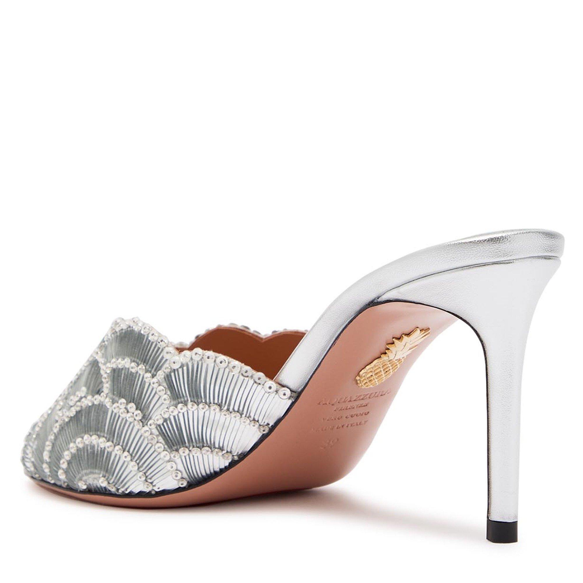 SILVER - Aquazzura - Women's Ce Soir Embellished Leather Heeled Mules - 2