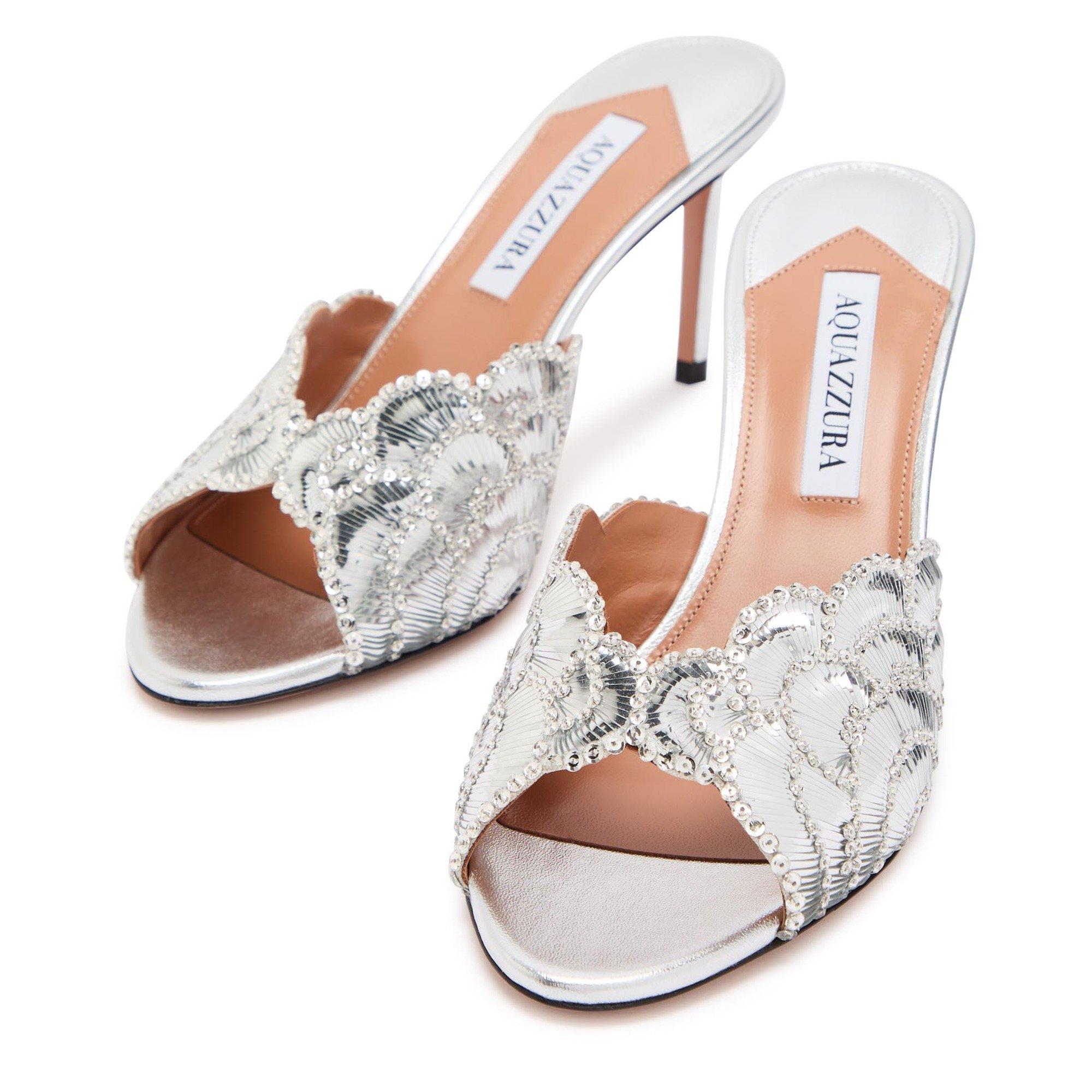 SILVER - Aquazzura - Women's Ce Soir Embellished Leather Heeled Mules - 4