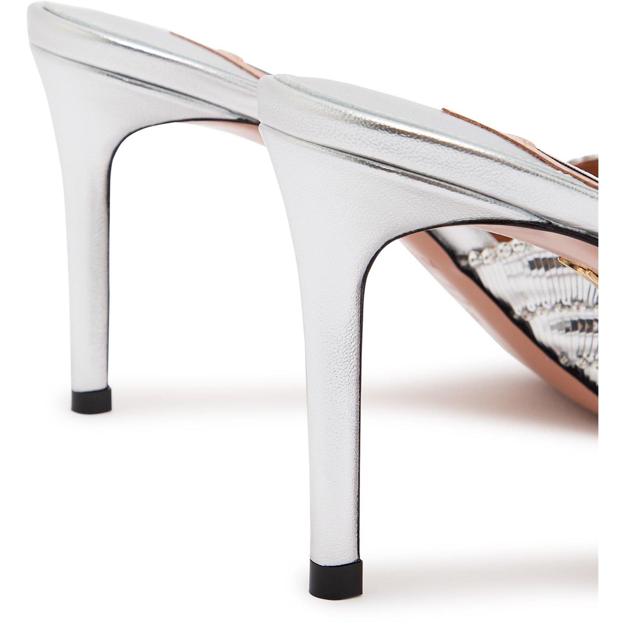 SILVER - Aquazzura - Women's Ce Soir Embellished Leather Heeled Mules - 5