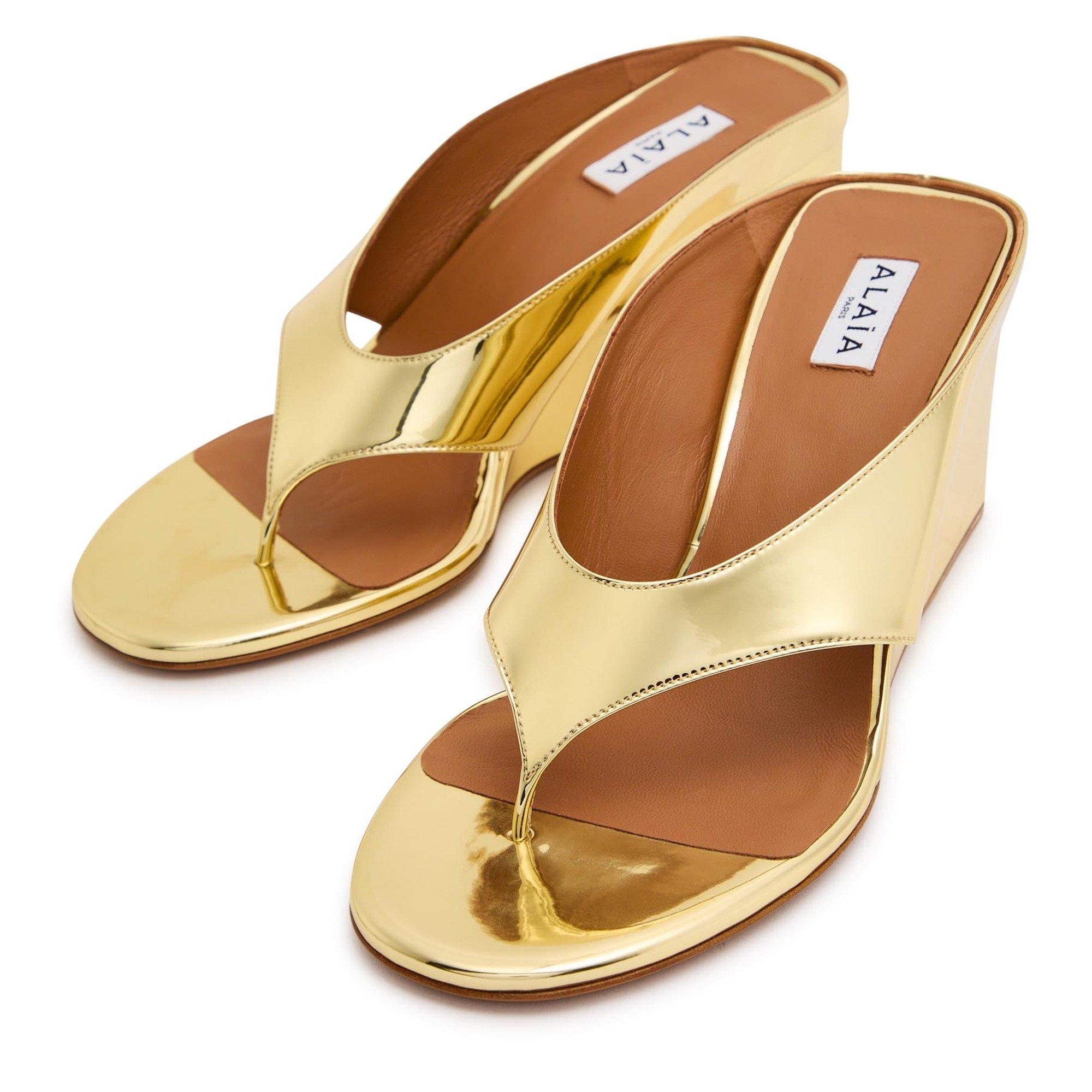 GOLD - Alaia - Women's Cube Wedge Thong Mules - 4