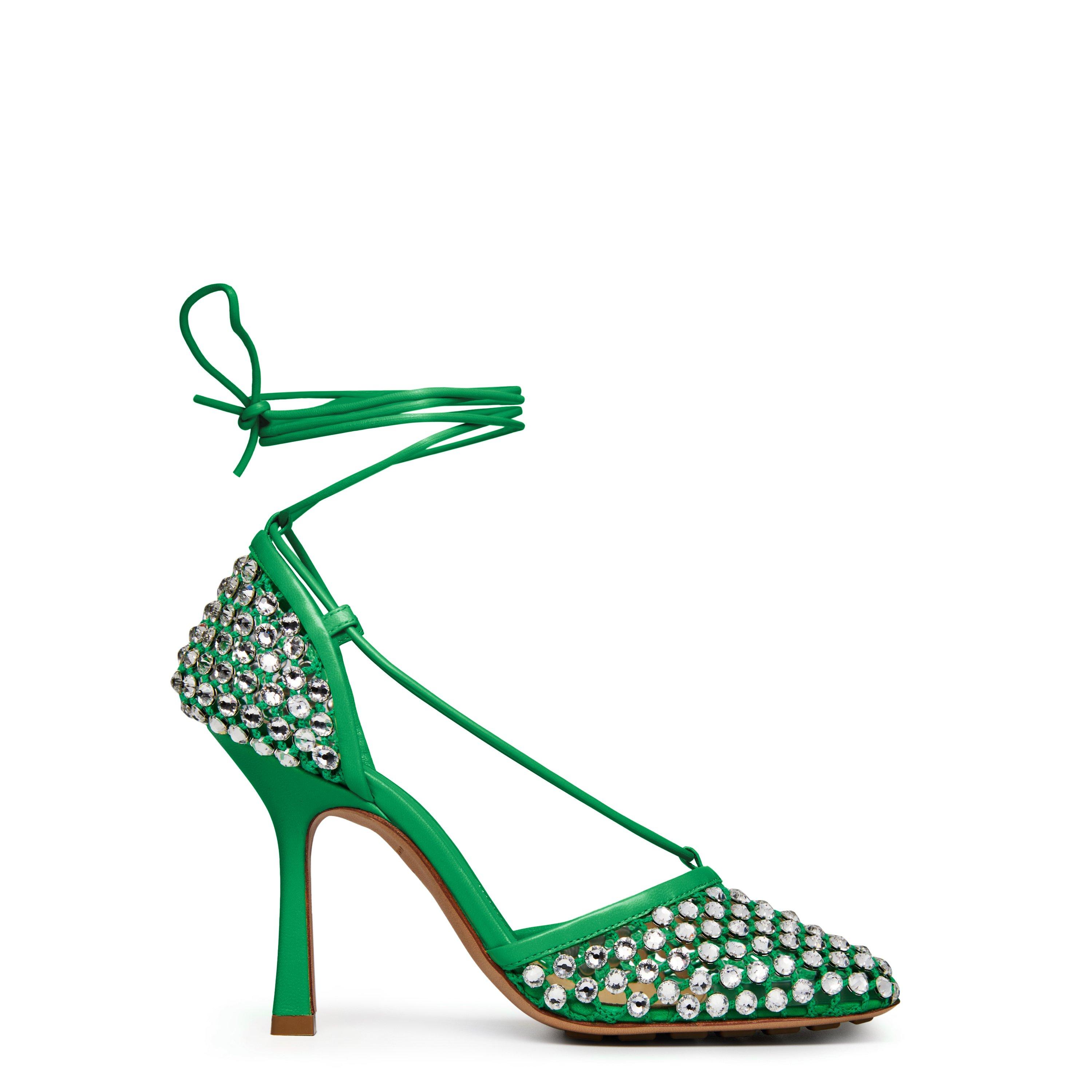 Green - Bottega Veneta - Women's Sparkle Lace Up Textured Heeled Sandals - 1