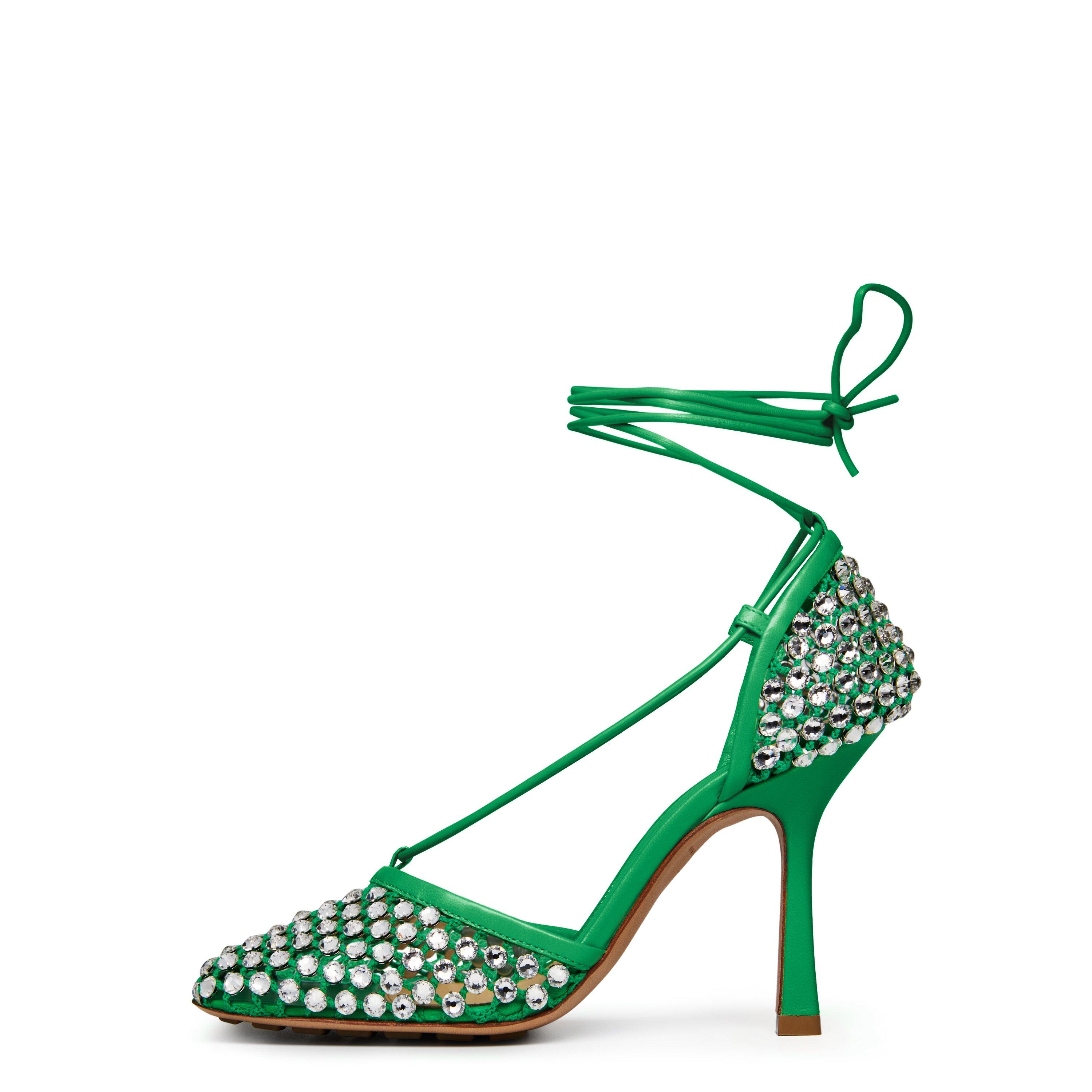 Green - Bottega Veneta - Women's Sparkle Lace Up Textured Heeled Sandals - 2
