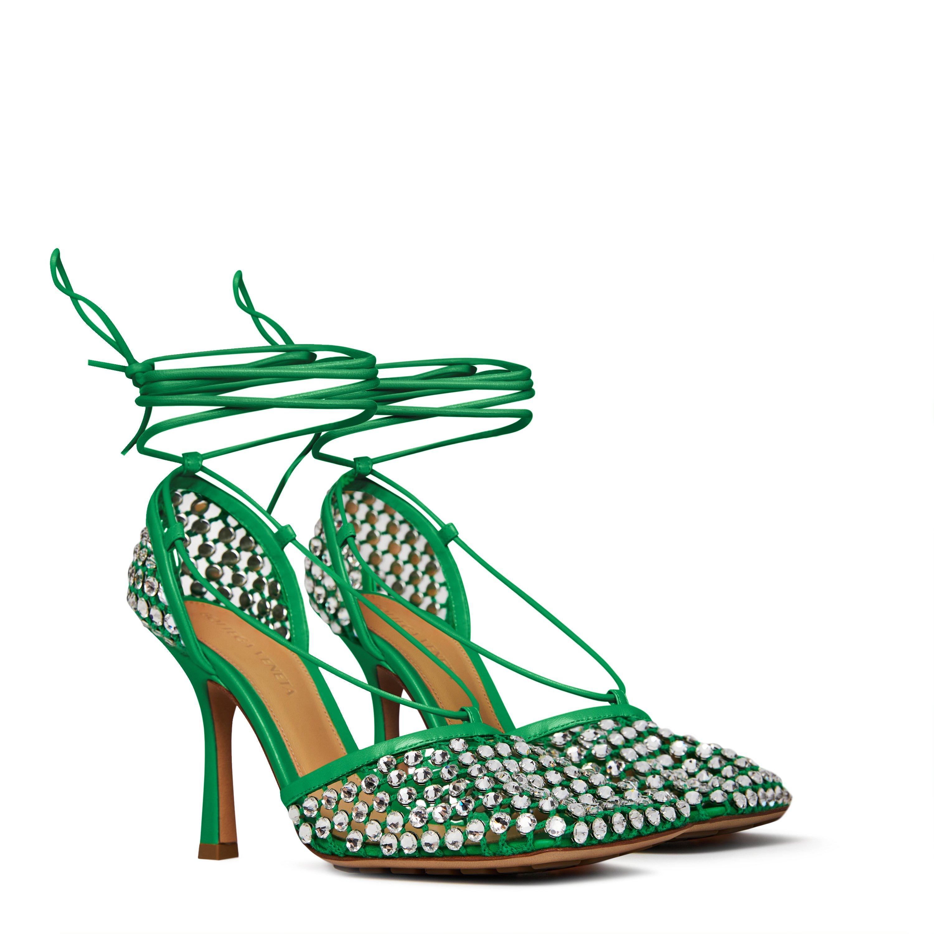 Green - Bottega Veneta - Women's Sparkle Lace Up Textured Heeled Sandals - 3