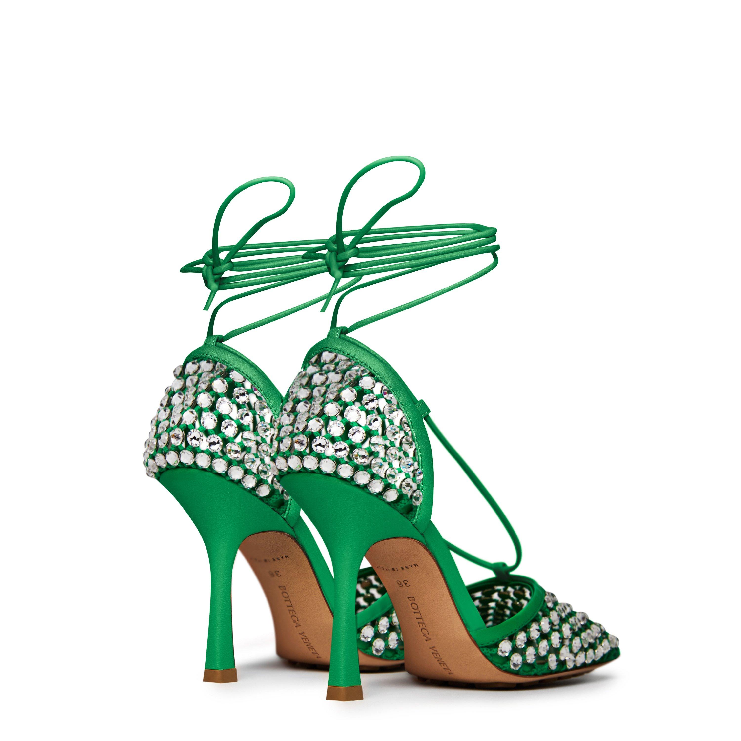 Green - Bottega Veneta - Women's Sparkle Lace Up Textured Heeled Sandals - 4