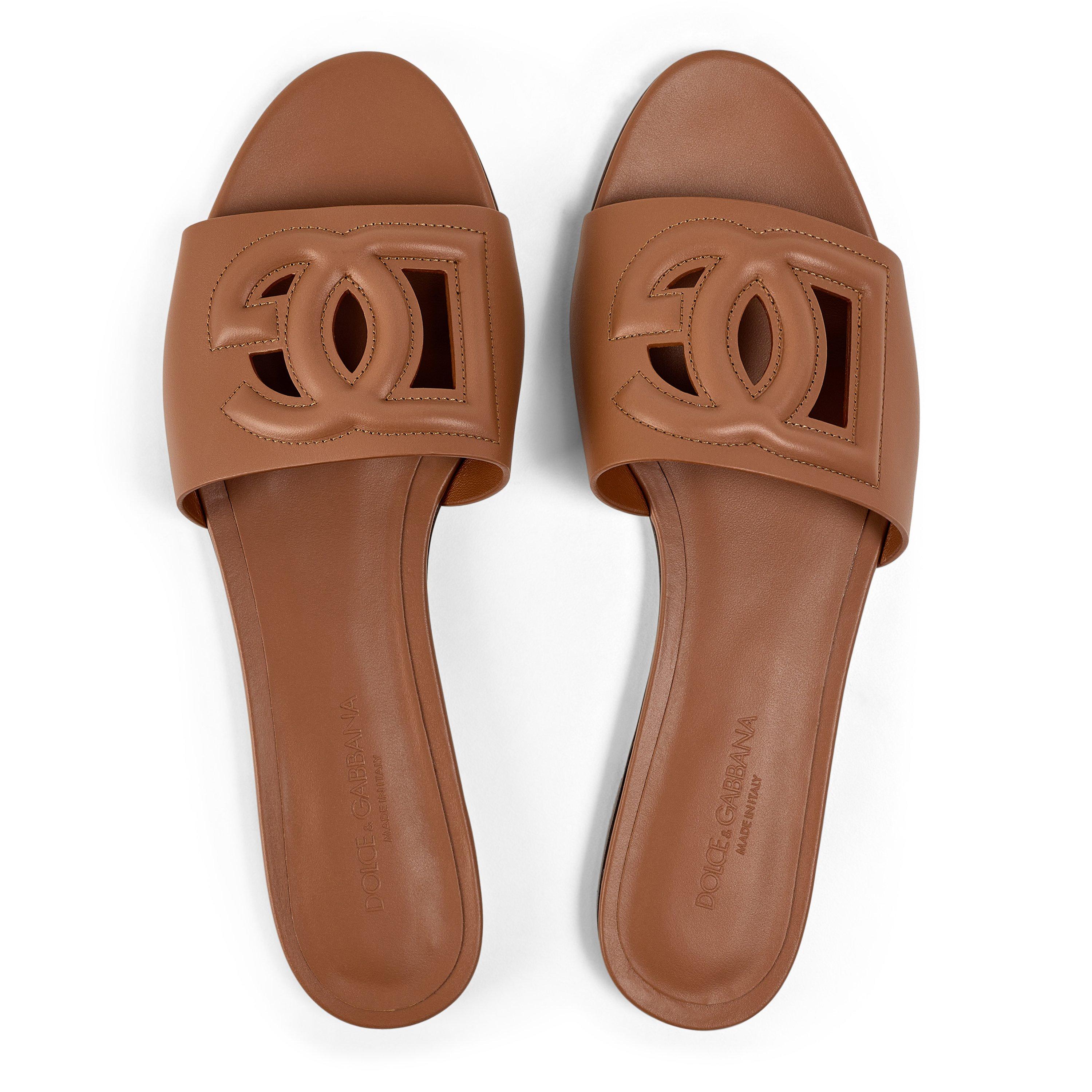 Marrone Chiaro - Dolce and Gabbana - Women's Embossed Leather Bianca Sliders - 5
