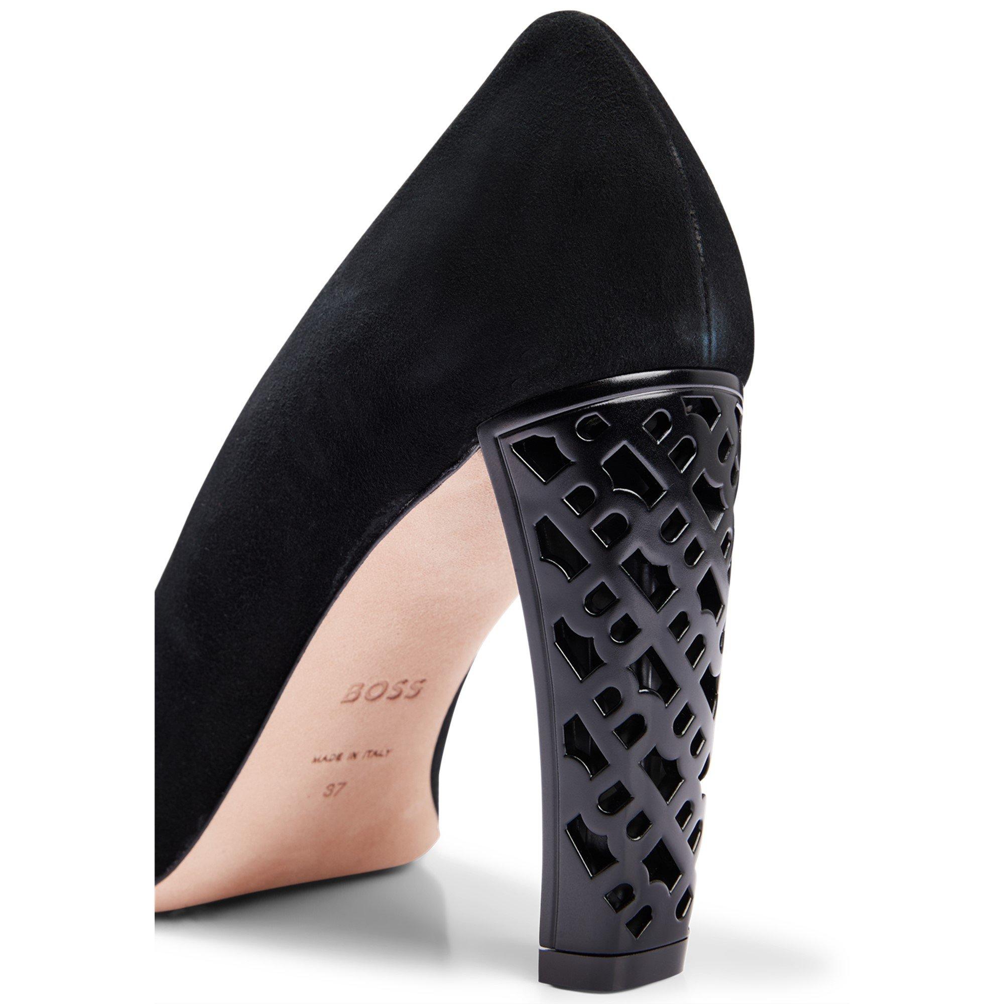 Black - Boss - Women's Suede Monogram Cut-out Pattern Heels - 6