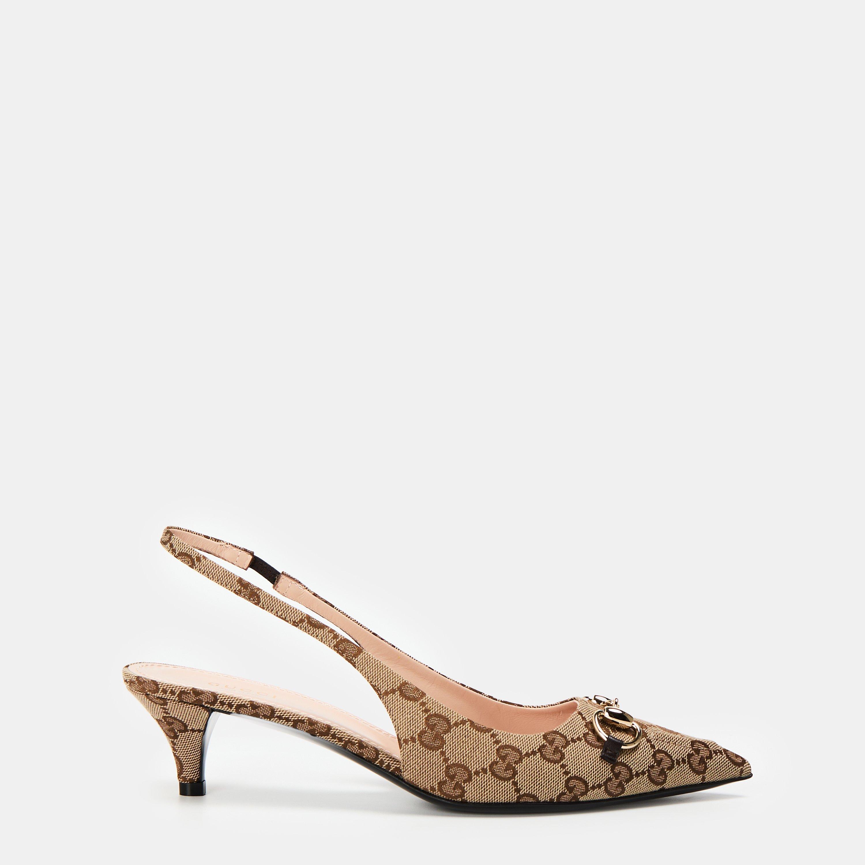 Gucci Women's Motif Canvas Horsebit Sling Pumps - Beige Ebony - Size 5 (38)