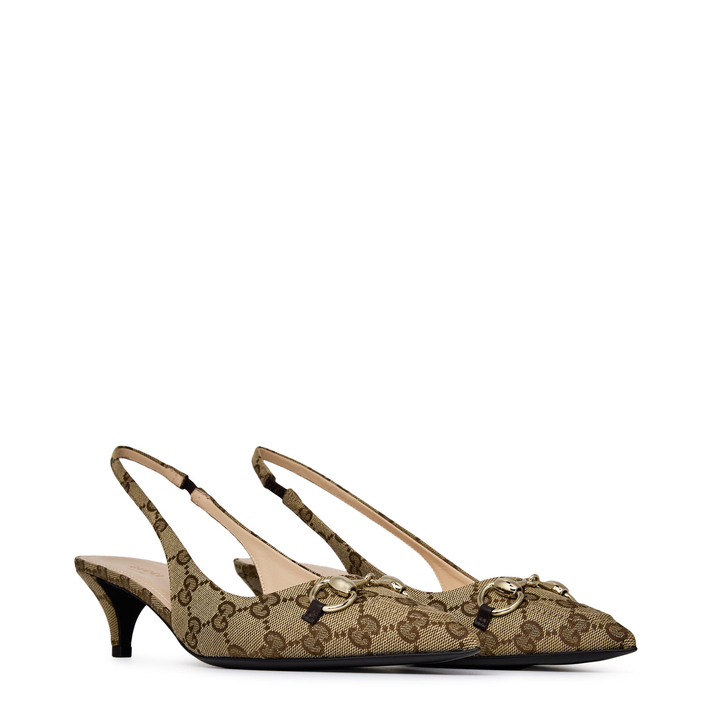 Beige Ebony - Gucci - Women's Motif Canvas Horsebit Sling Pumps - 4