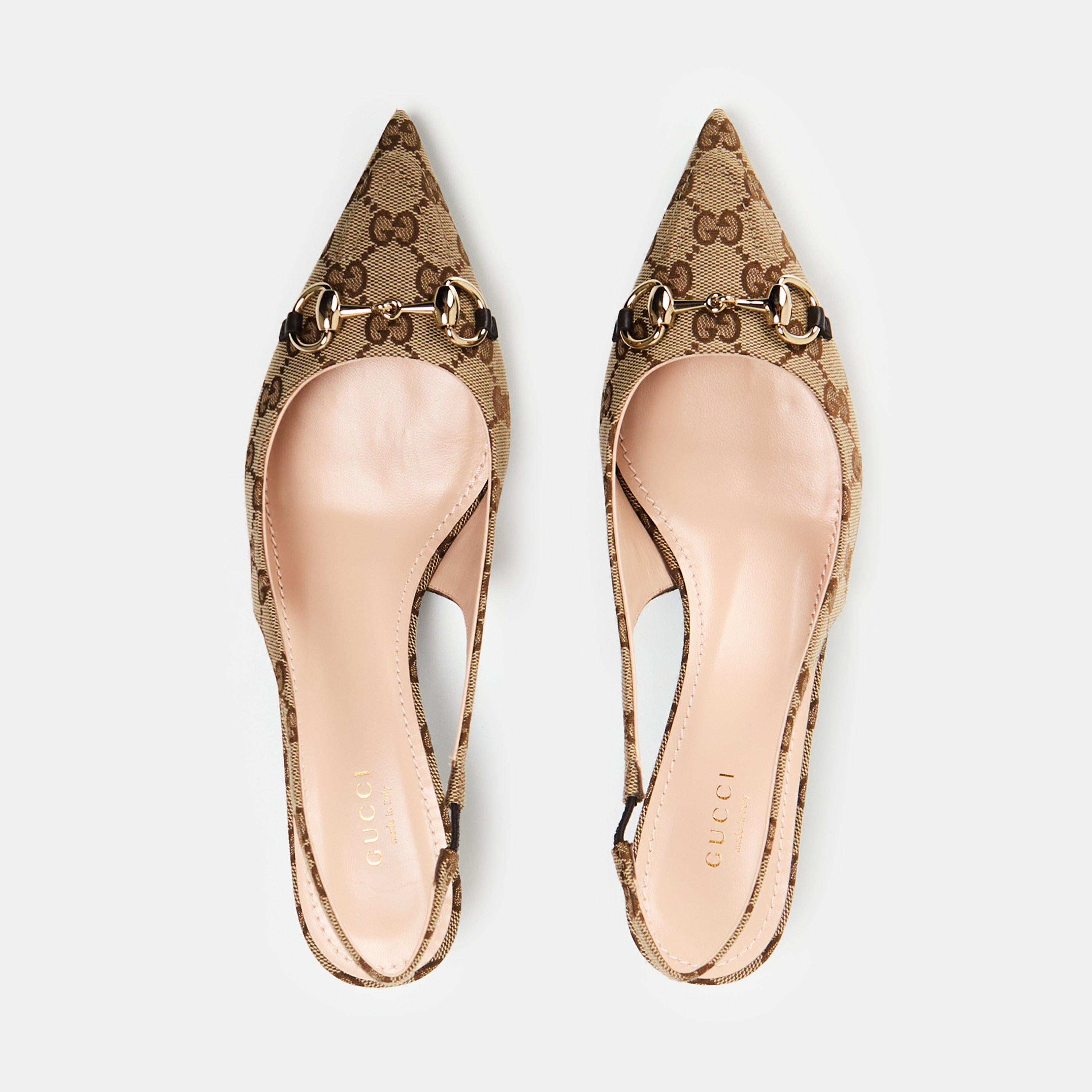 Beige Ebony - Gucci - Women's Motif Canvas Horsebit Sling Pumps - 6