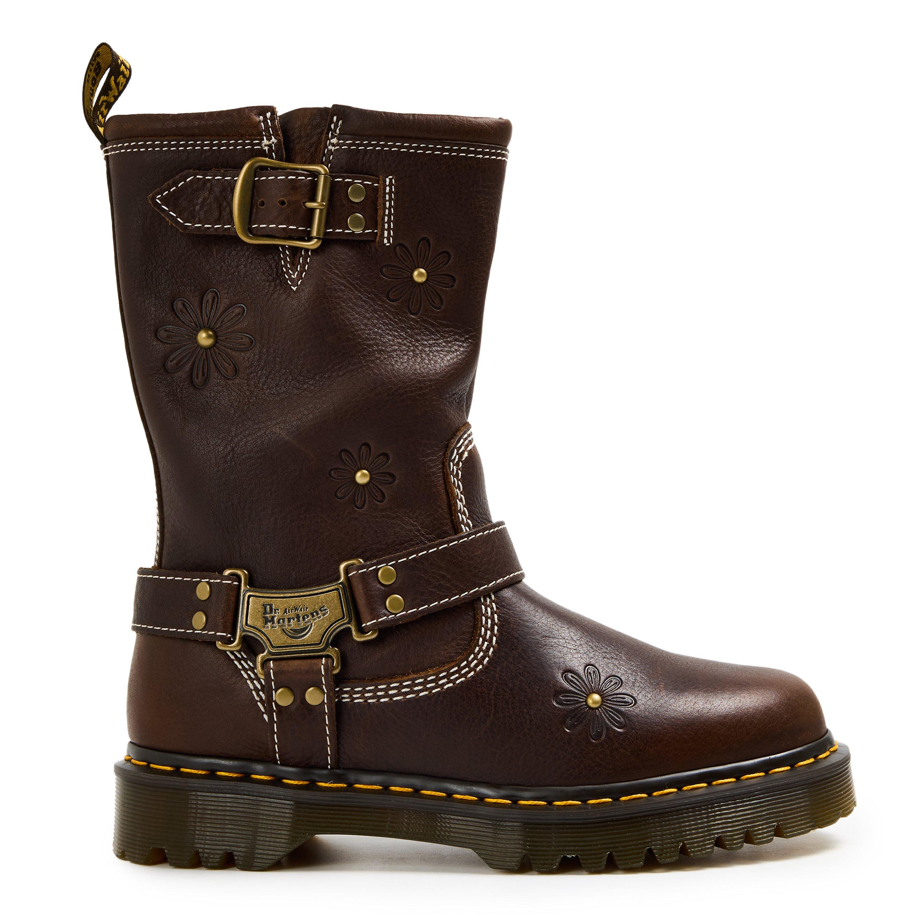Dr Martens Anistone Tall Leather Biker Boots - Brown Floral - Size 7 (41)