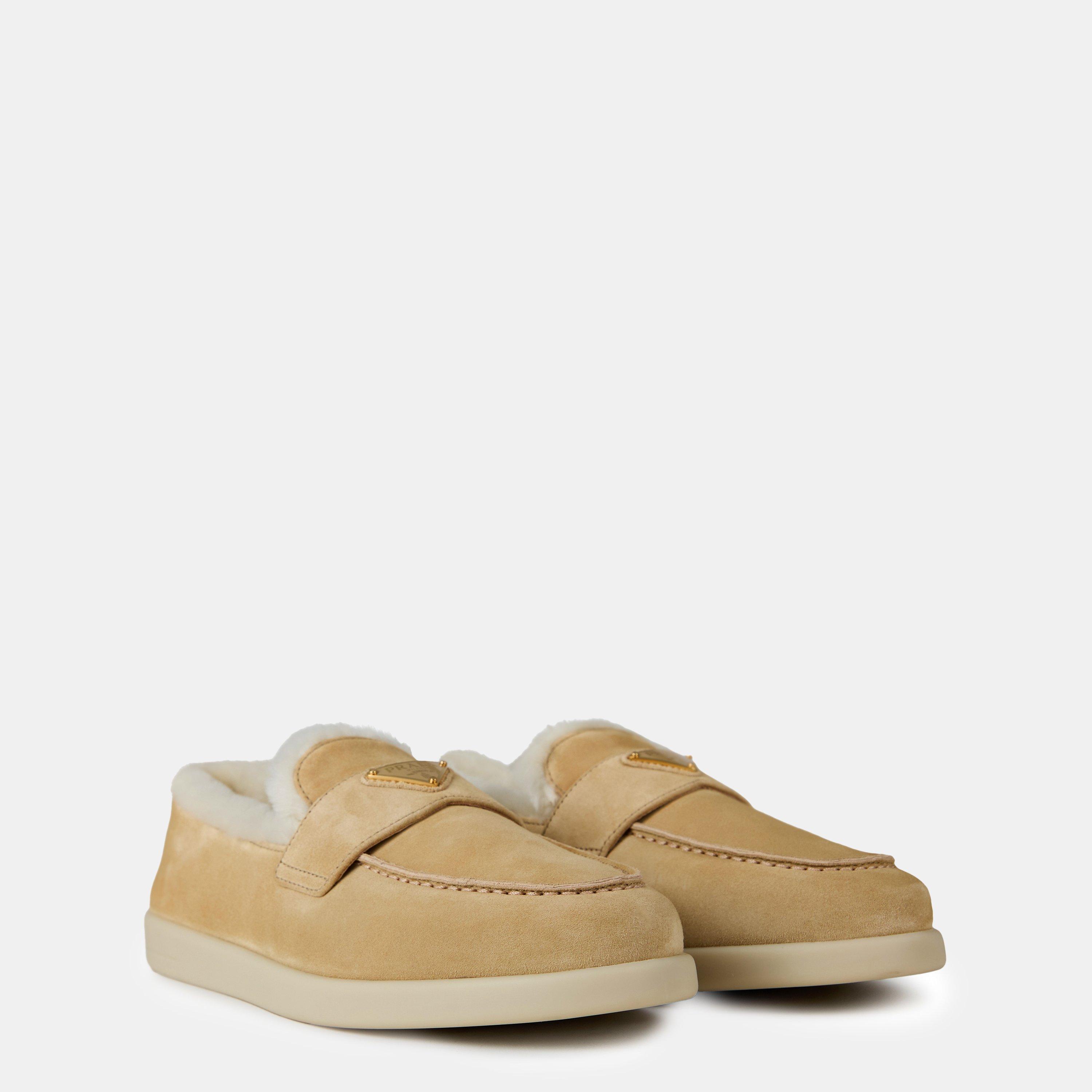 Ecru - Prada - Suede And Shearling Loafers - 4
