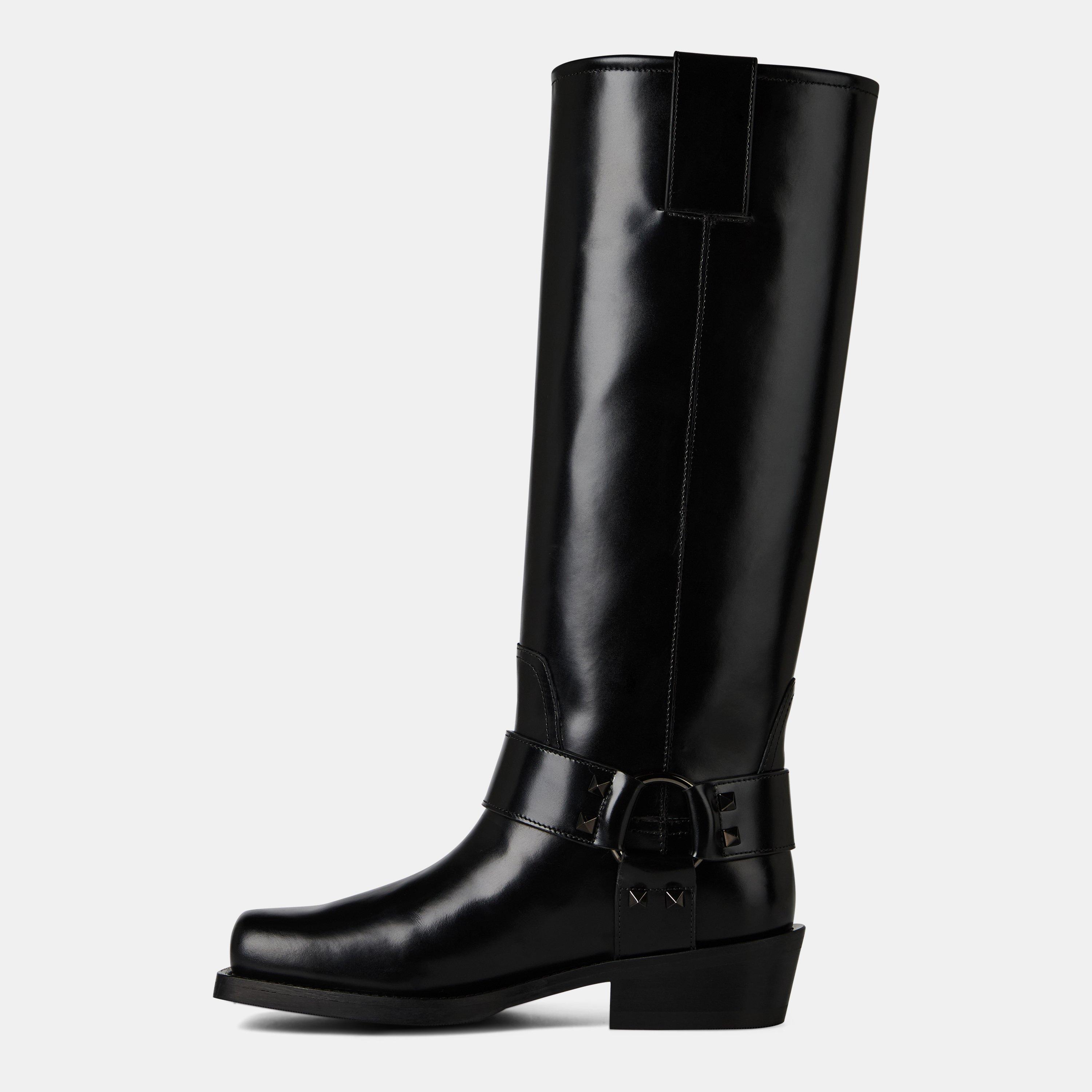 Nero - Valentino Garavani - Leather Knee High Biker Boots - 2