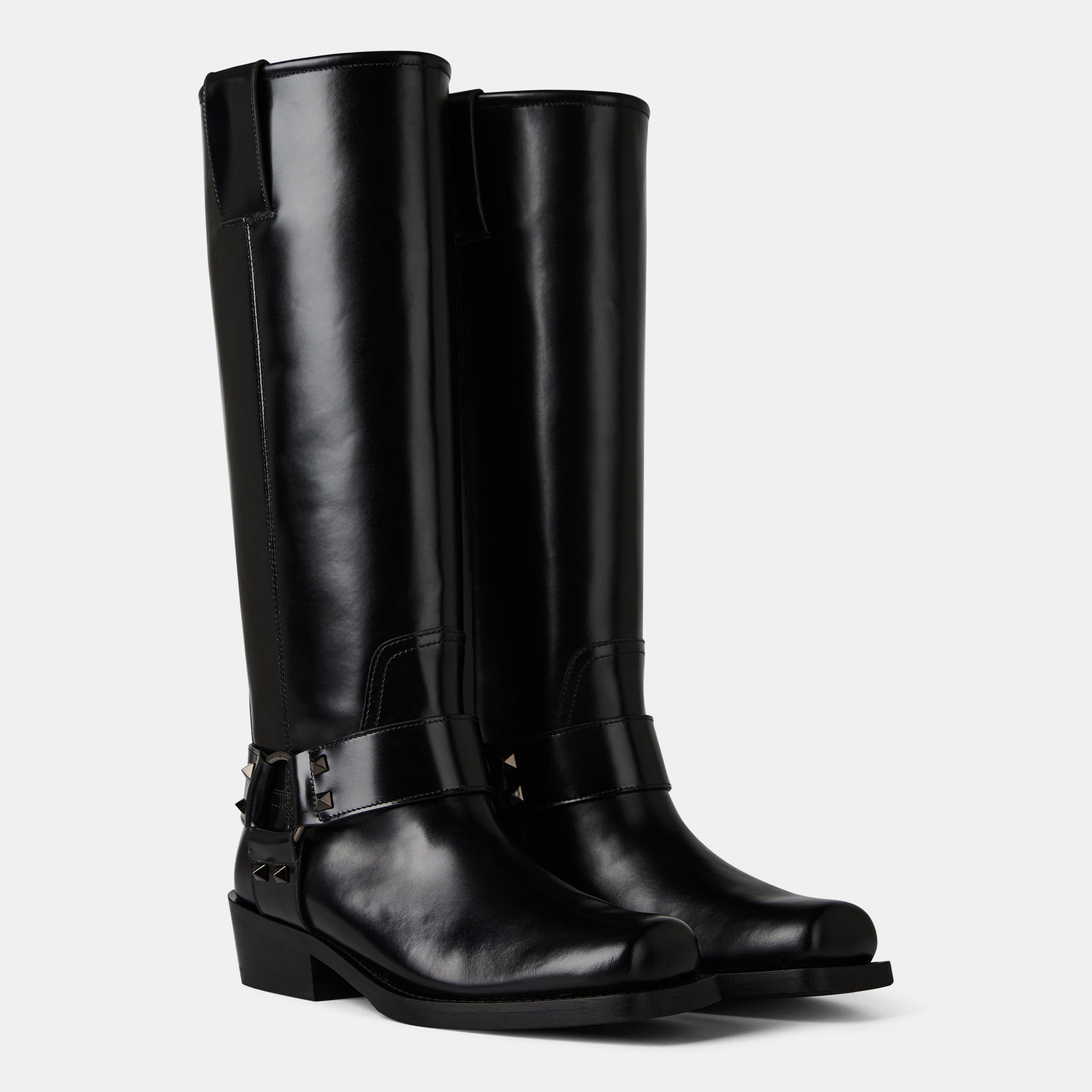 Nero - Valentino Garavani - Leather Knee High Biker Boots - 4