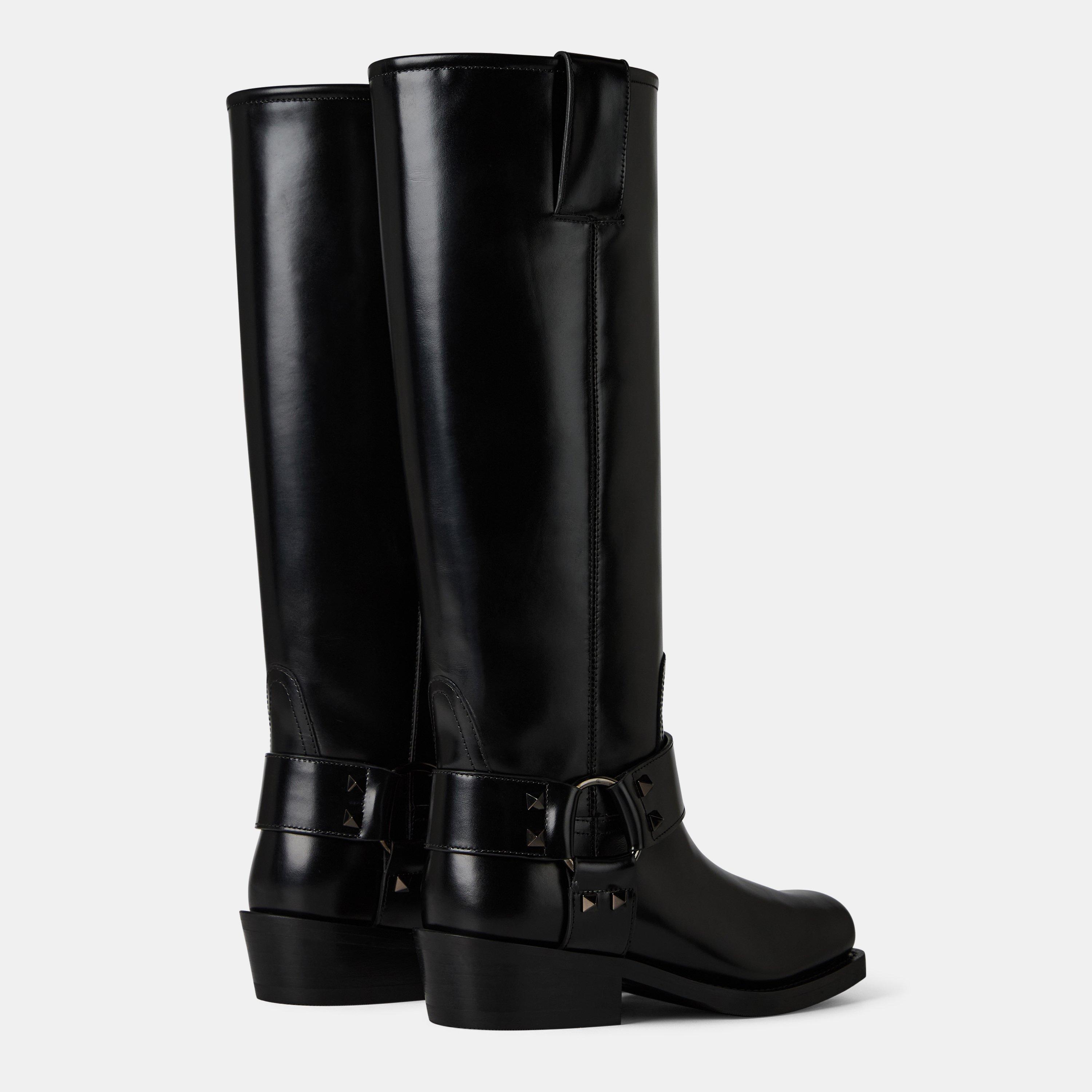 Nero - Valentino Garavani - Leather Knee High Biker Boots - 5