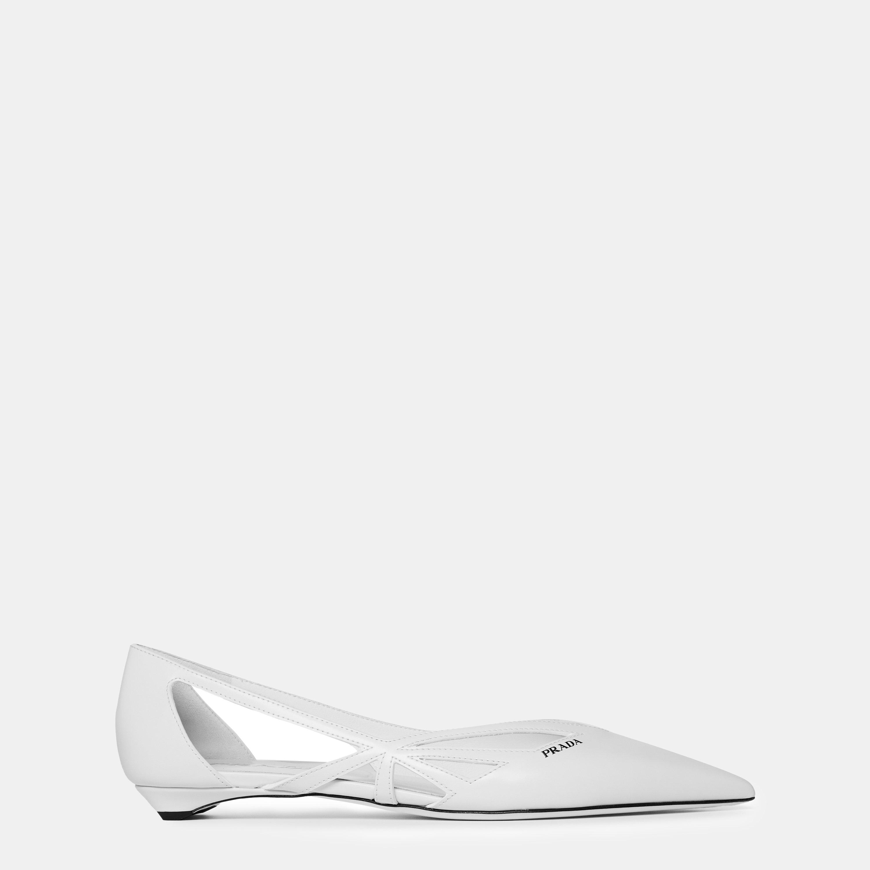 White - Prada - Brushed Leather Cut-Out Ballerinas - 1