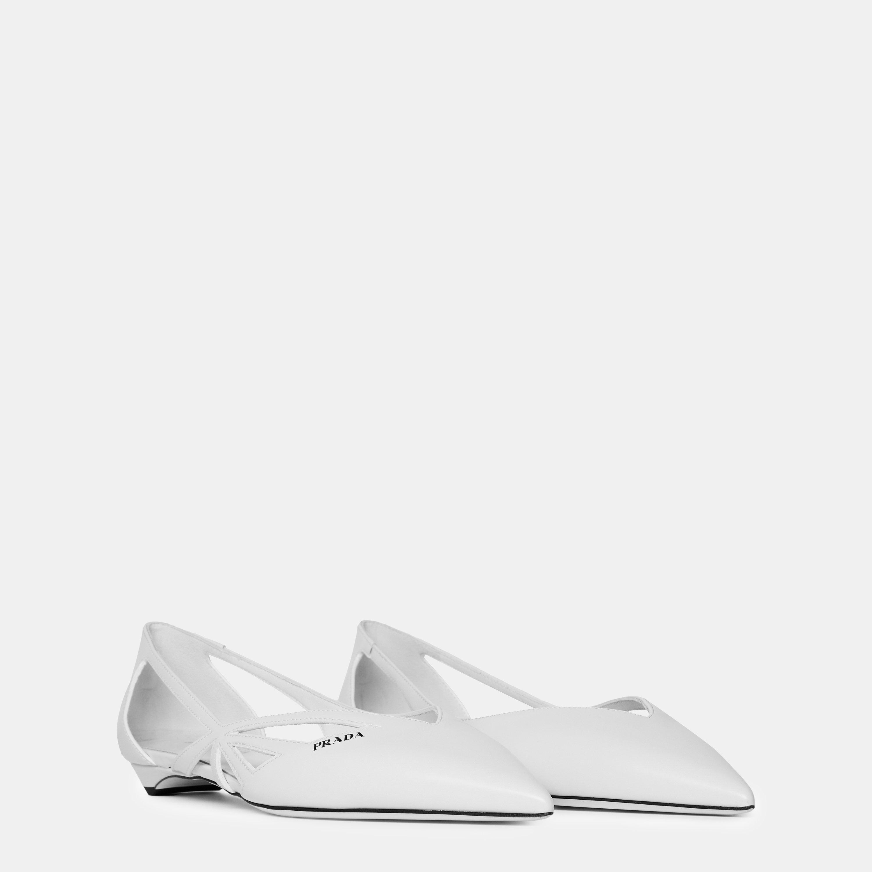 White - Prada - Brushed Leather Cut-Out Ballerinas - 4