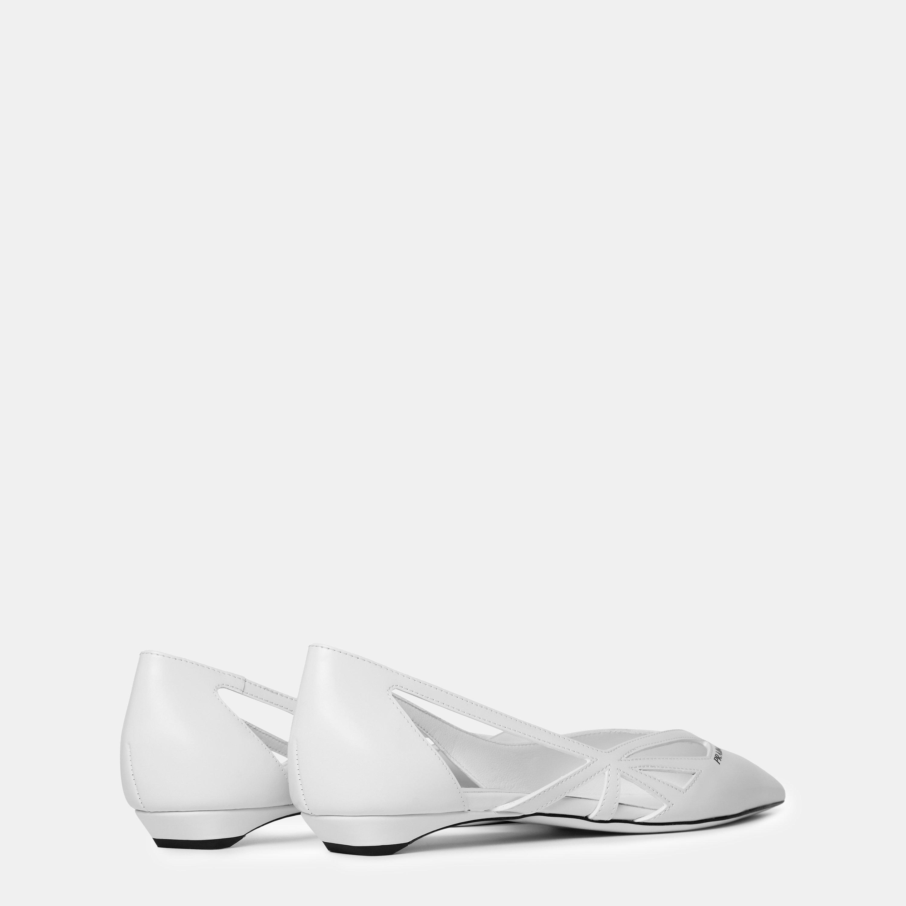 White - Prada - Brushed Leather Cut-Out Ballerinas - 5
