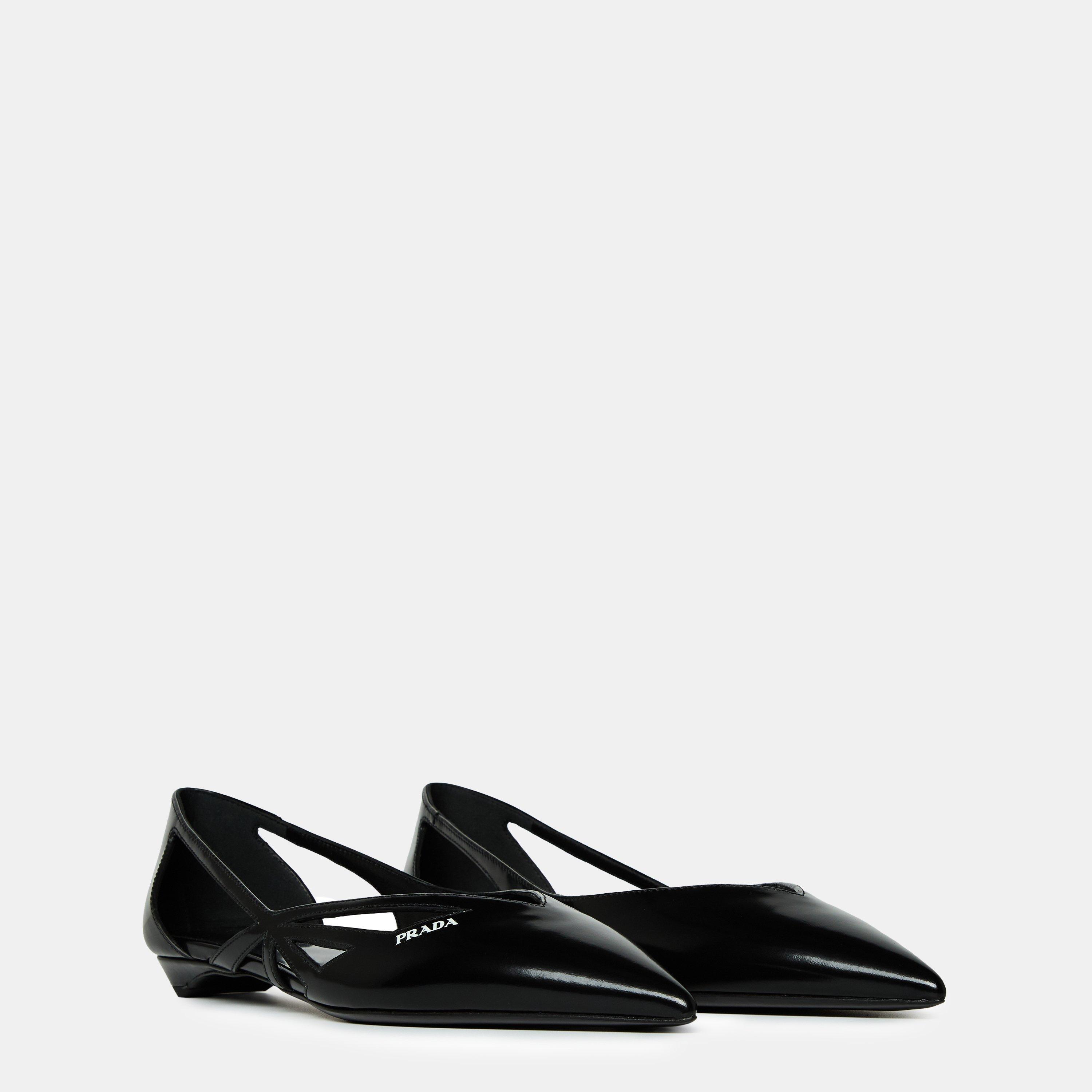 Black - Prada - Brushed Leather Cut-Out Ballerinas - 4