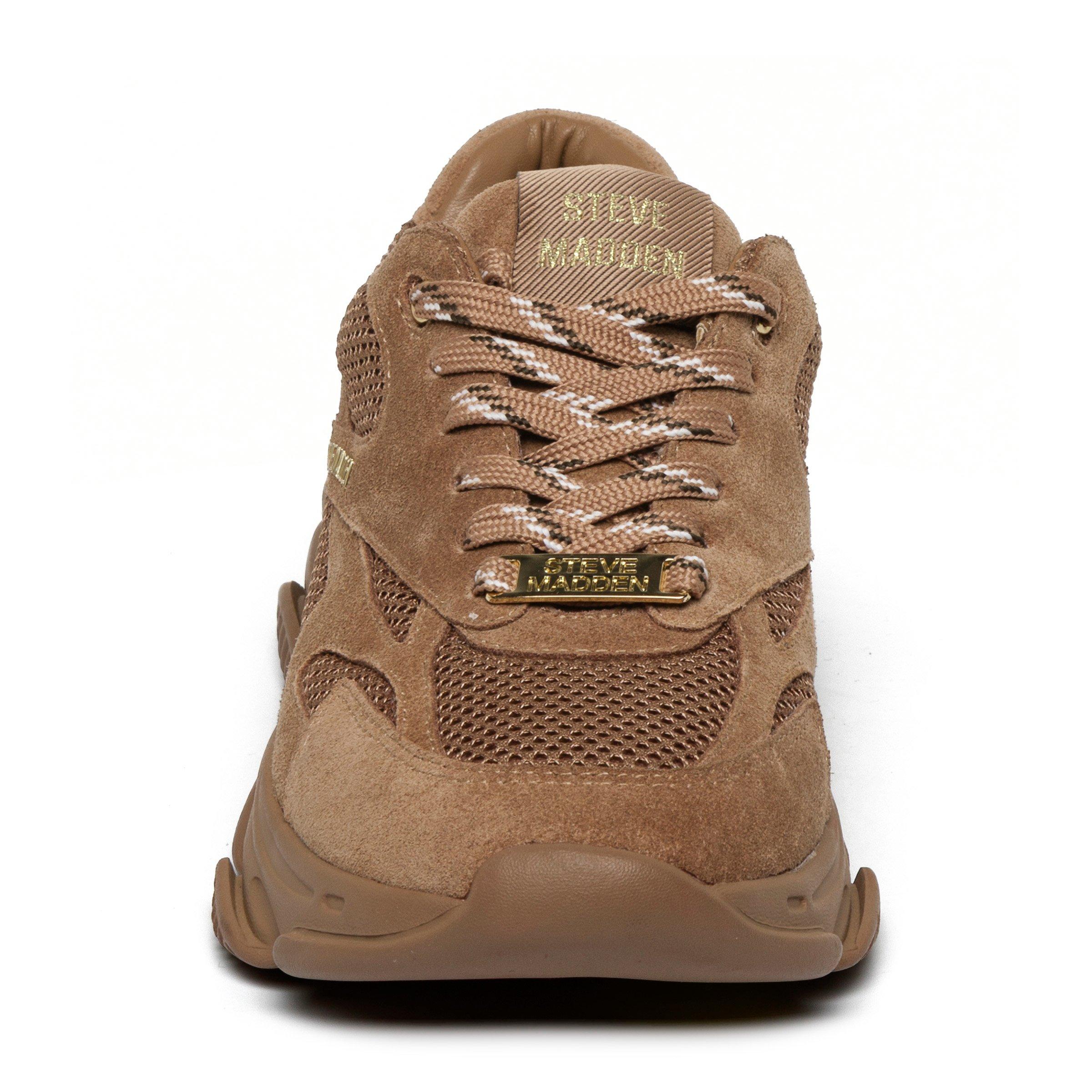 Tan - Steve Madden - Women's Front Row Suede Lace-Up Chunky Trainers - 3