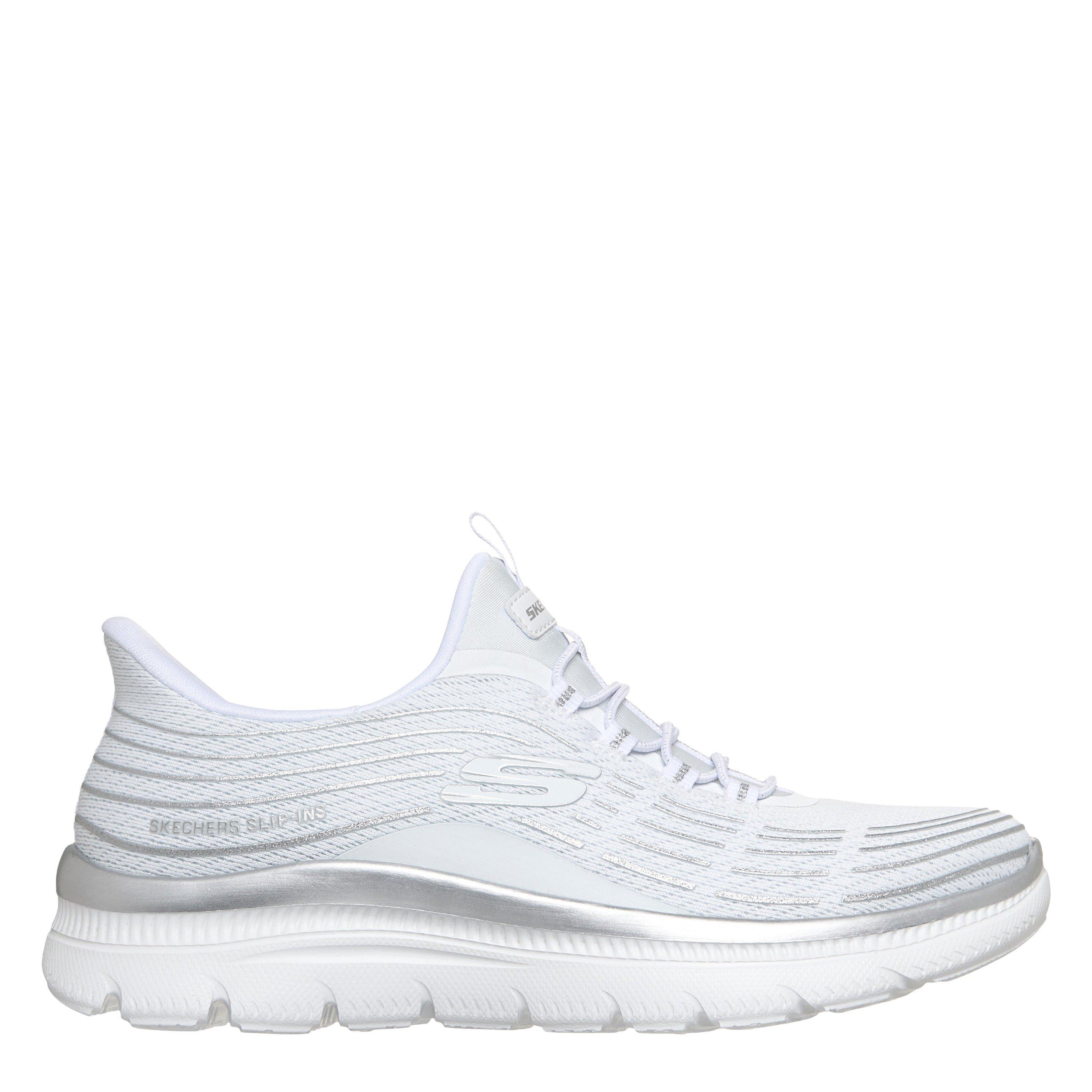 Skechers Women's Mesh Bungee Glitter Print Slip On Trainers - White/Silver - 7 (40)
