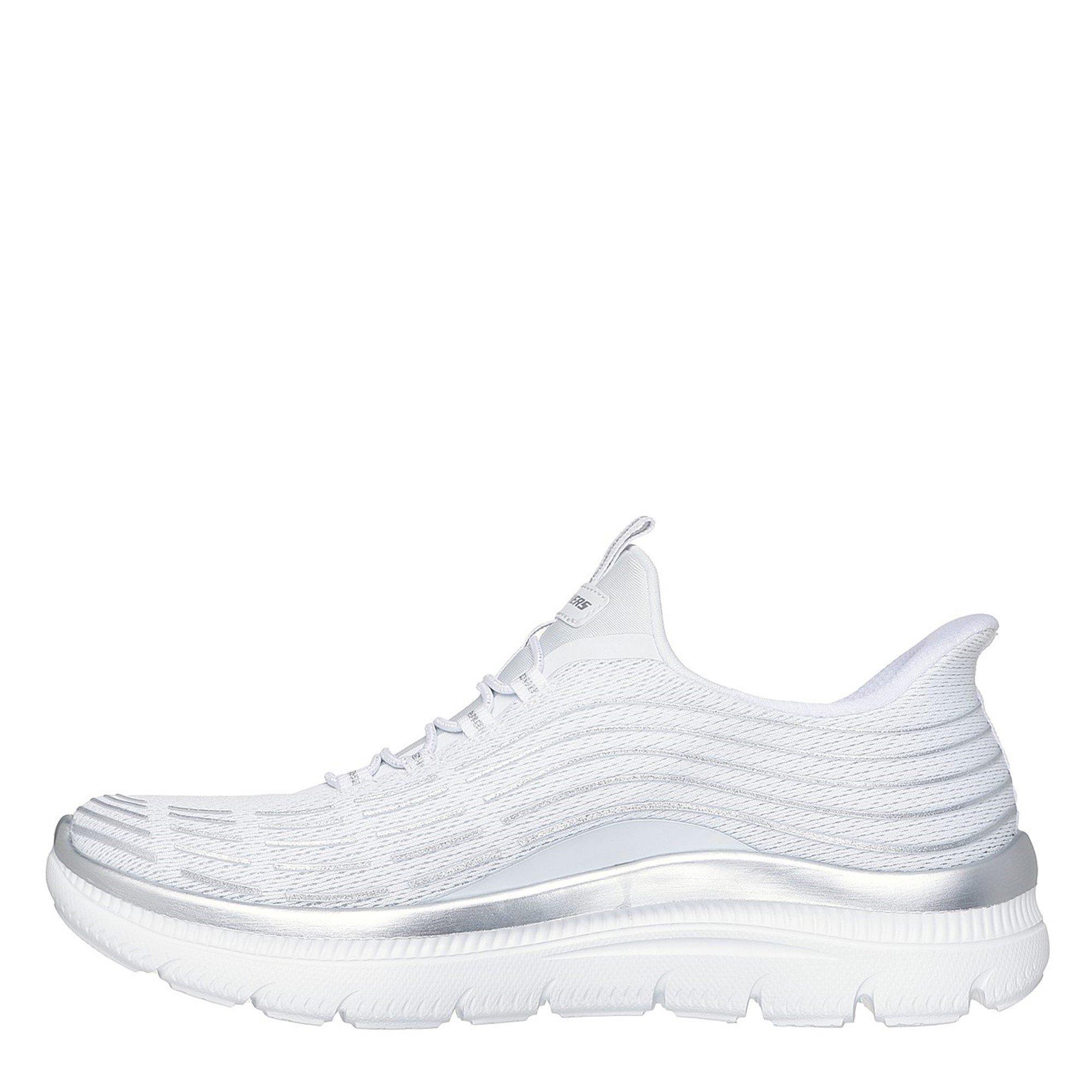 White/Silver - Skechers - Mesh Bungee Glitter Print Slip On Trainers - 2