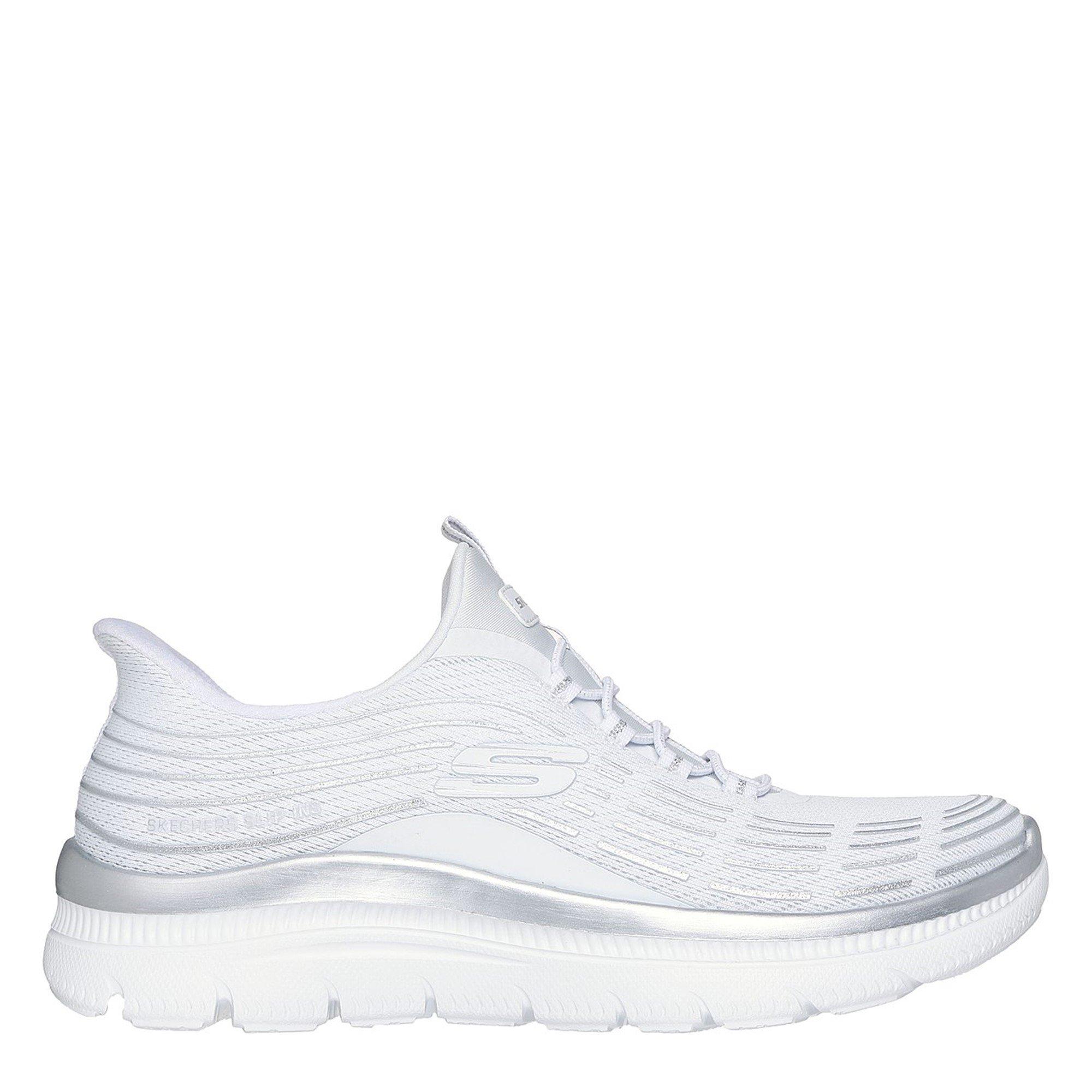 White/Silver - Skechers - Mesh Bungee Glitter Print Slip On Trainers - 3