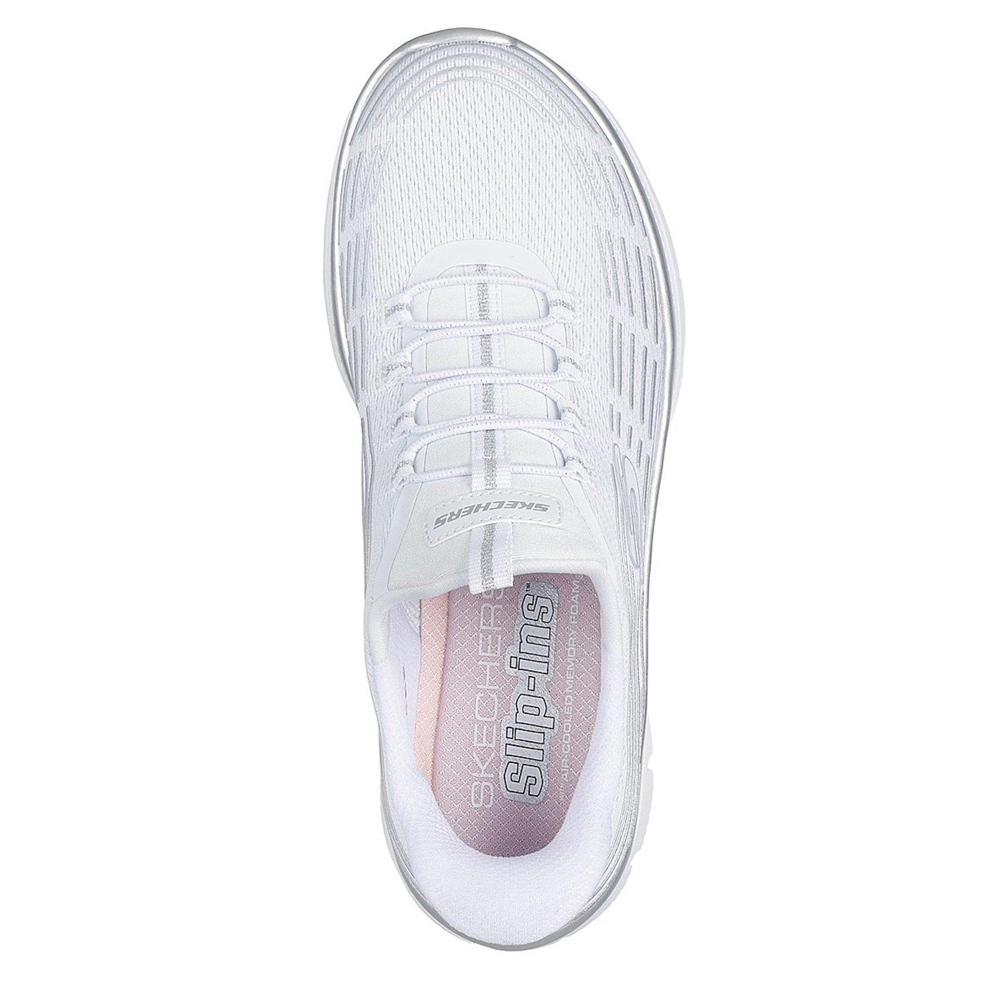 White/Silver - Skechers - Mesh Bungee Glitter Print Slip On Trainers - 5