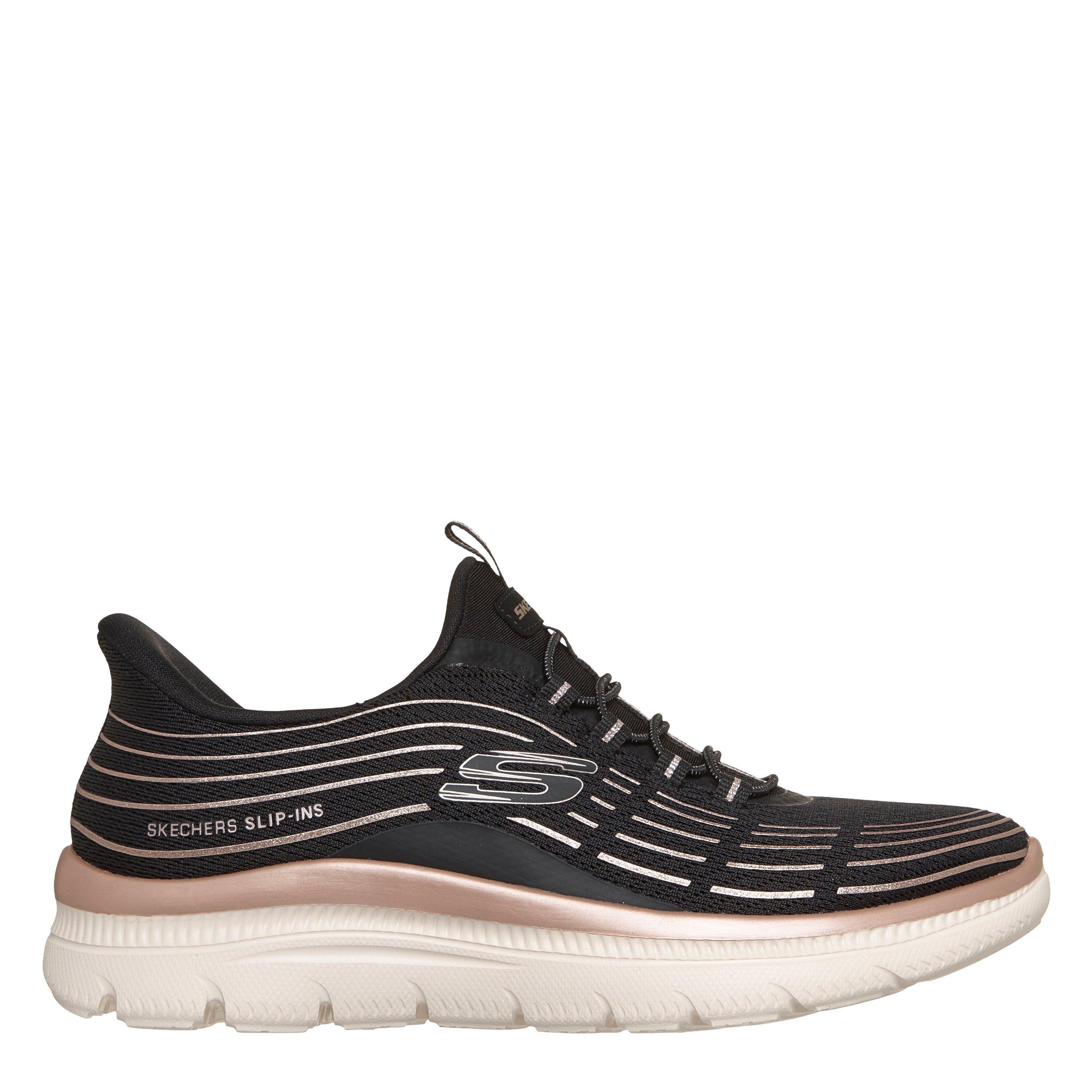 Skechers Women's Mesh Bungee Glitter Print Slip On Trainers - Black/Rose - 4 (37)