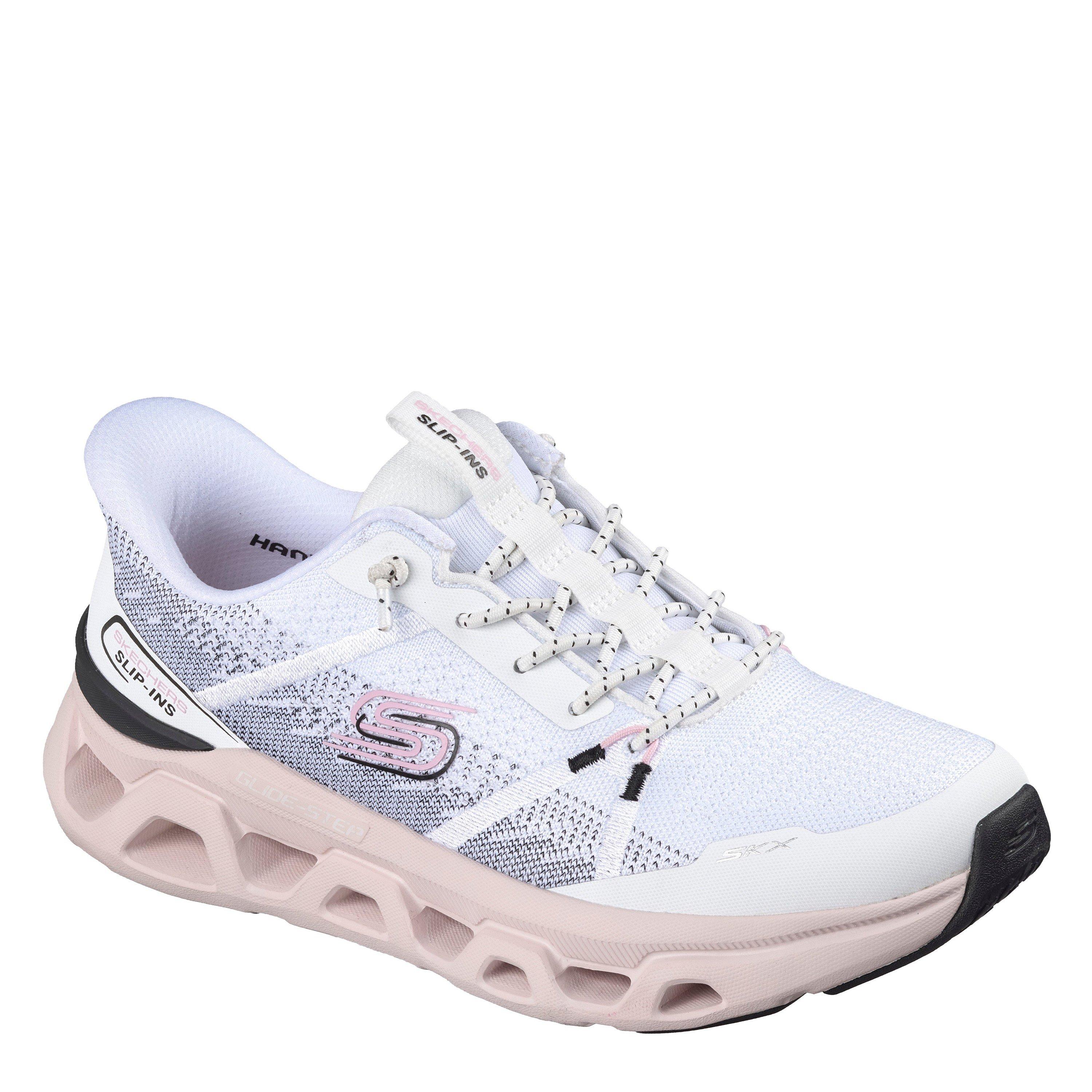 White/Pink - Skechers - Engineered Mesh Knotted Bungee Slip On Trainers Womens - 3