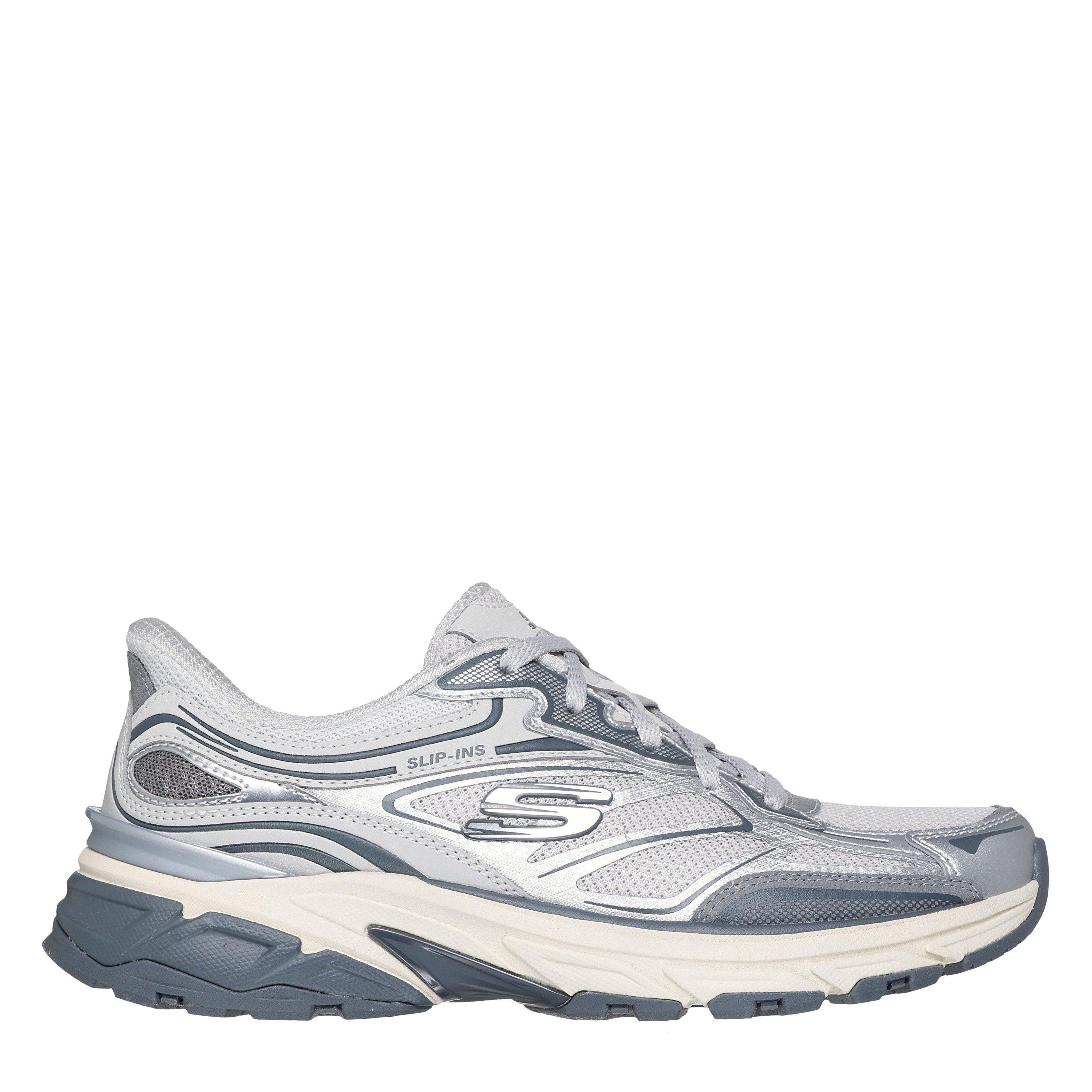 Skechers Women's Metallic Overlay Mesh Lace-Up Slip- Runners - White/Silver - 6 (39)