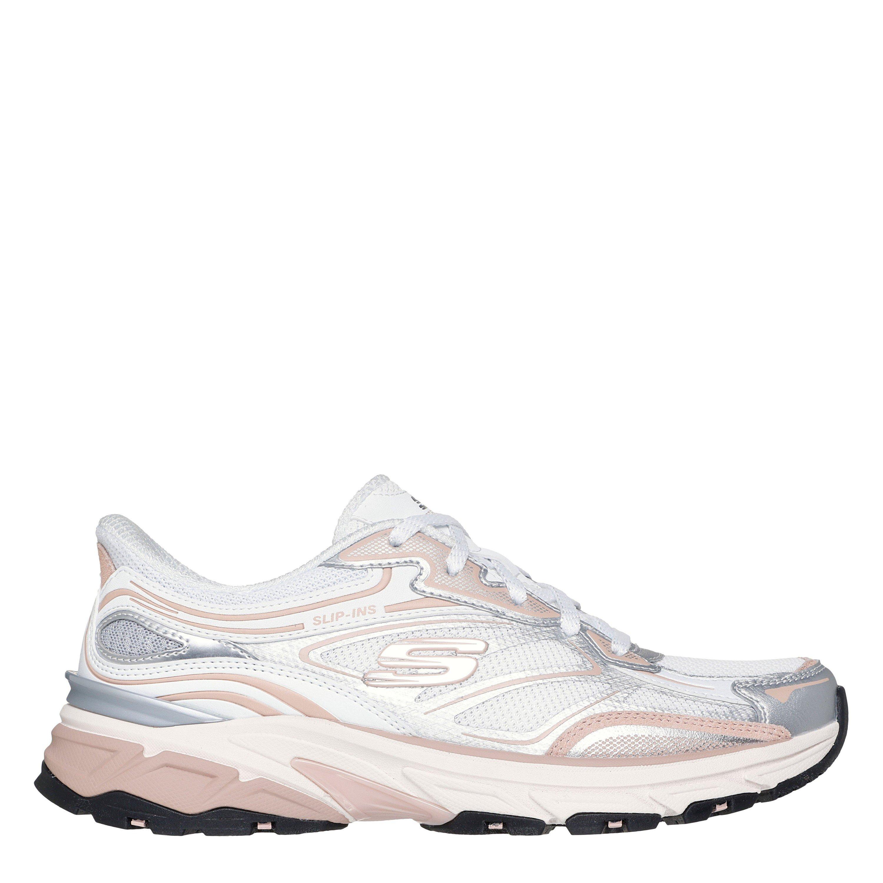 Skechers Women's Metallic Overlay Mesh Lace-Up Slip- Runners - White/Pink - 5 (38)
