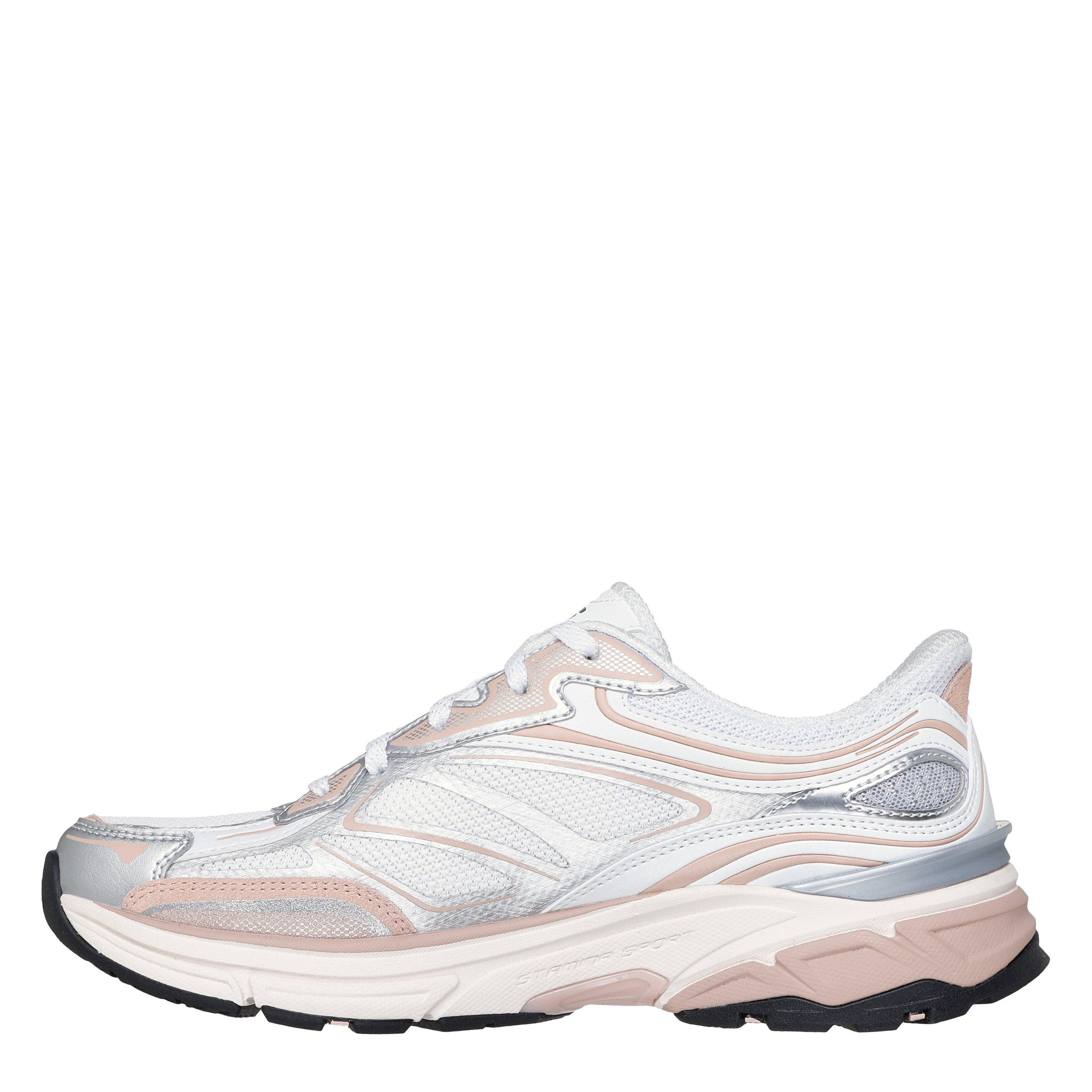 White/Pink - Skechers - Metallic Overlay Mesh Lace-Up Slip- Runners Womens - 2
