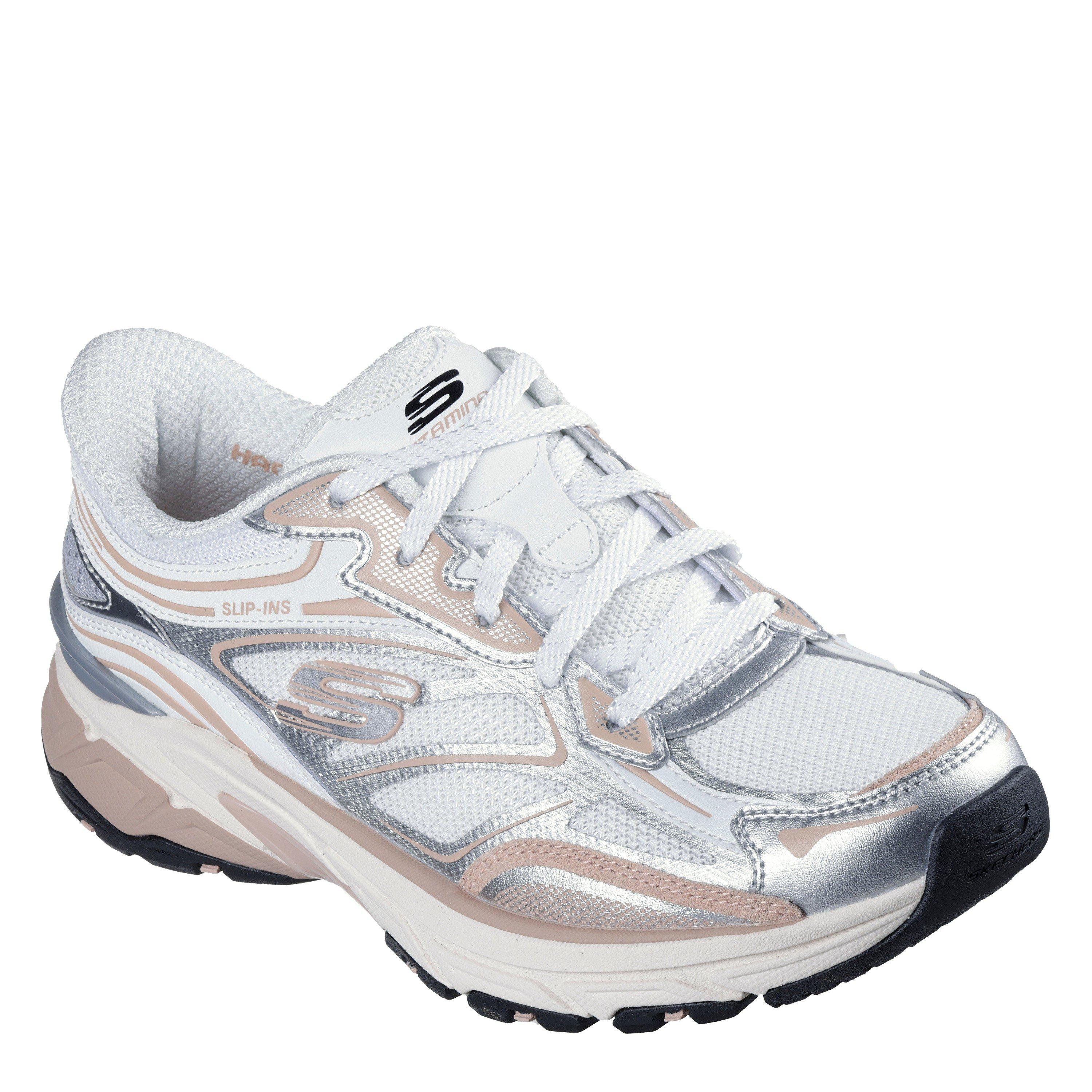 White/Pink - Skechers - Metallic Overlay Mesh Lace-Up Slip- Runners Womens - 3