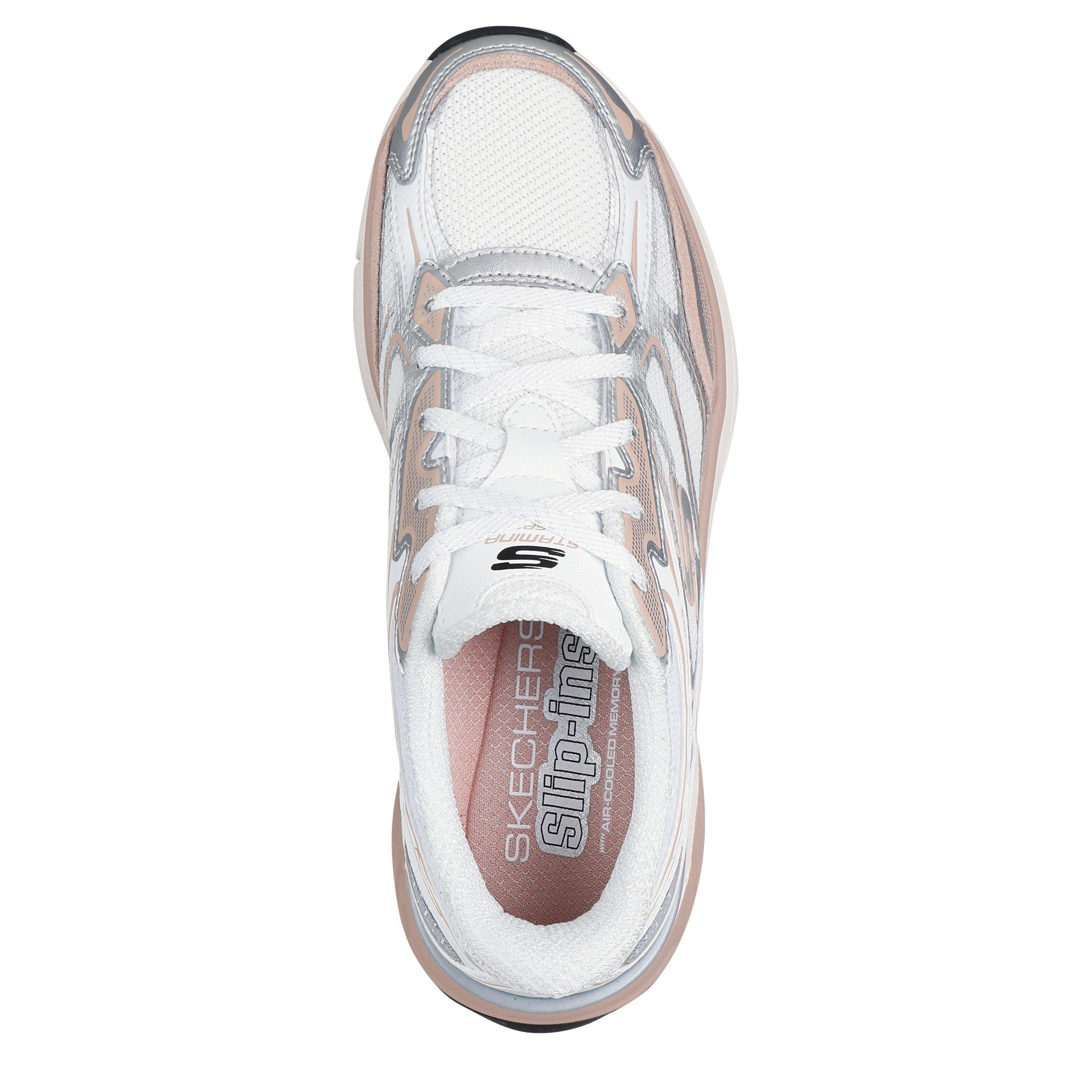 White/Pink - Skechers - Metallic Overlay Mesh Lace-Up Slip- Runners Womens - 4