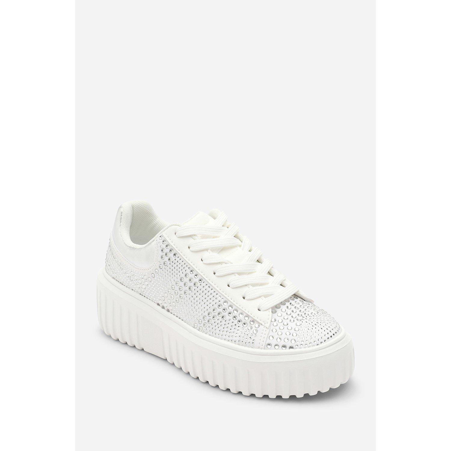 White - Wheres That From - Lace Up Trainer with Diamante pattern and chunky sole - 2