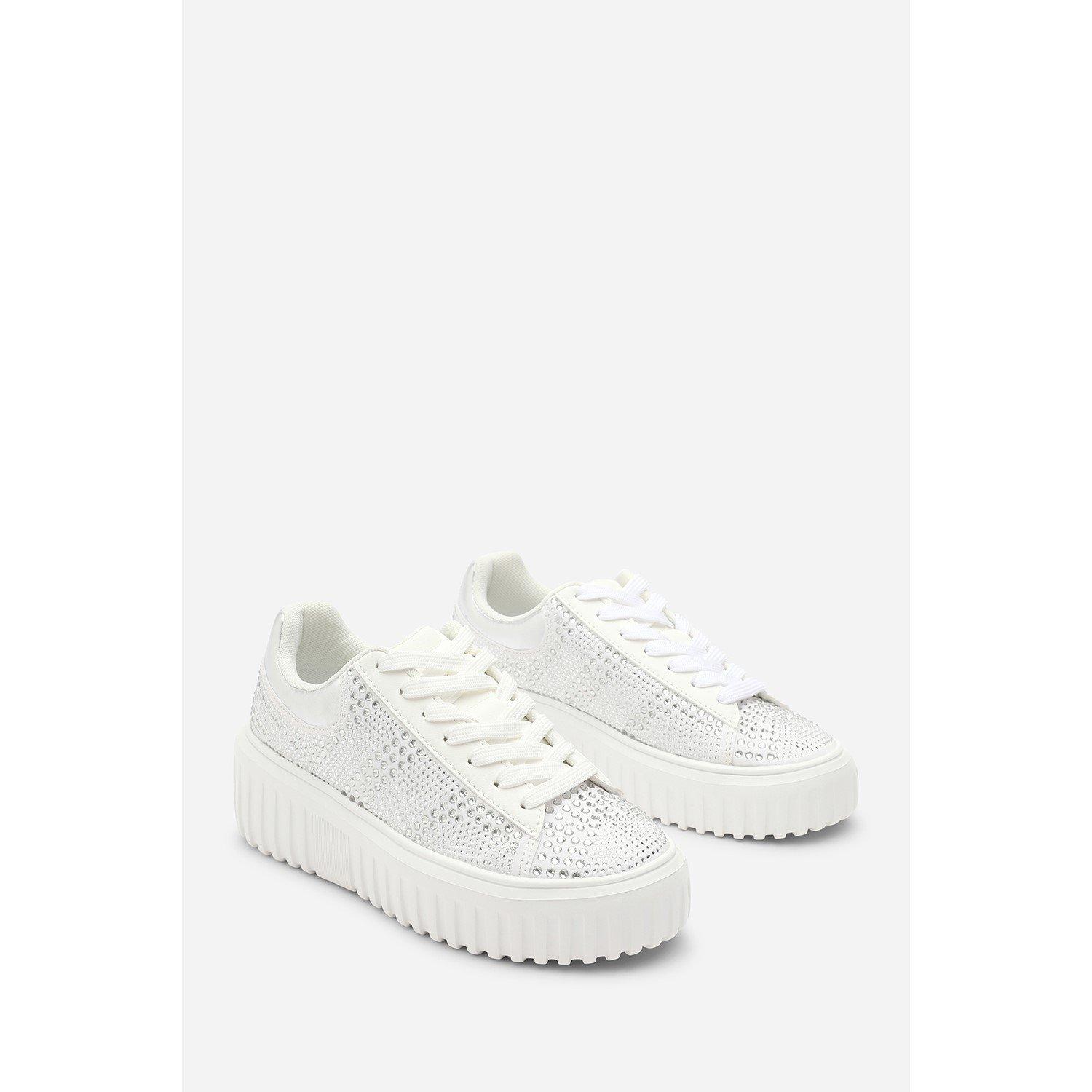 White - Wheres That From - Lace Up Trainer with Diamante pattern and chunky sole - 3