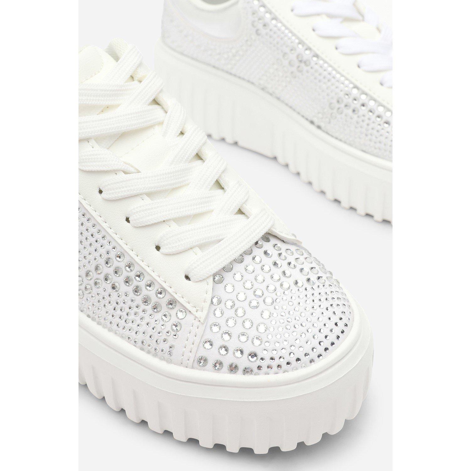 White - Wheres That From - Lace Up Trainer with Diamante pattern and chunky sole - 4