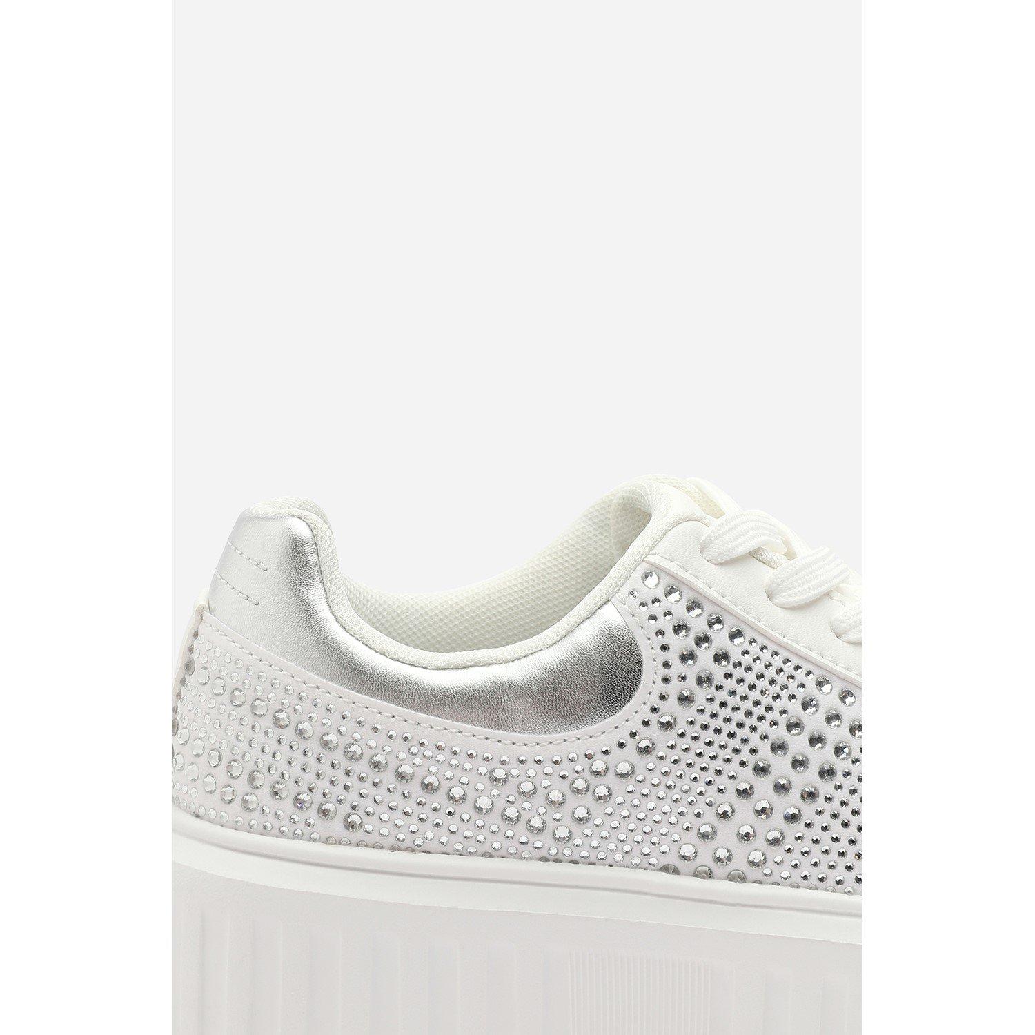 White - Wheres That From - Lace Up Trainer with Diamante pattern and chunky sole - 5