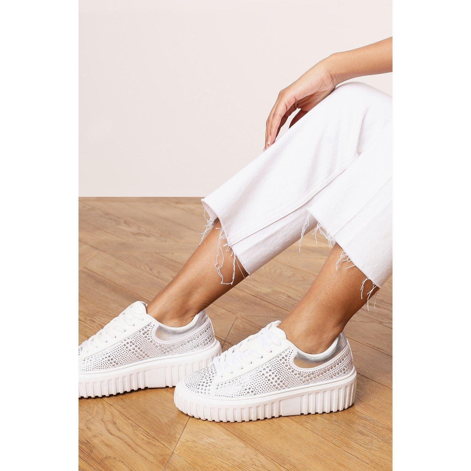 White - Wheres That From - Lace Up Trainer with Diamante pattern and chunky sole - 6
