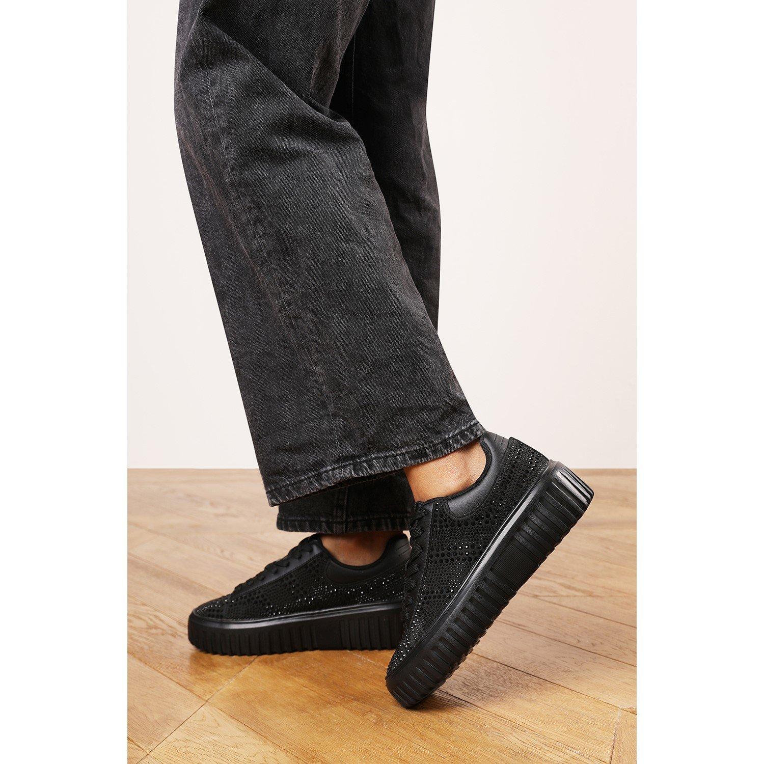 Black - Wheres That From - Lace Up Trainer with Diamante pattern and chunky sole - 1