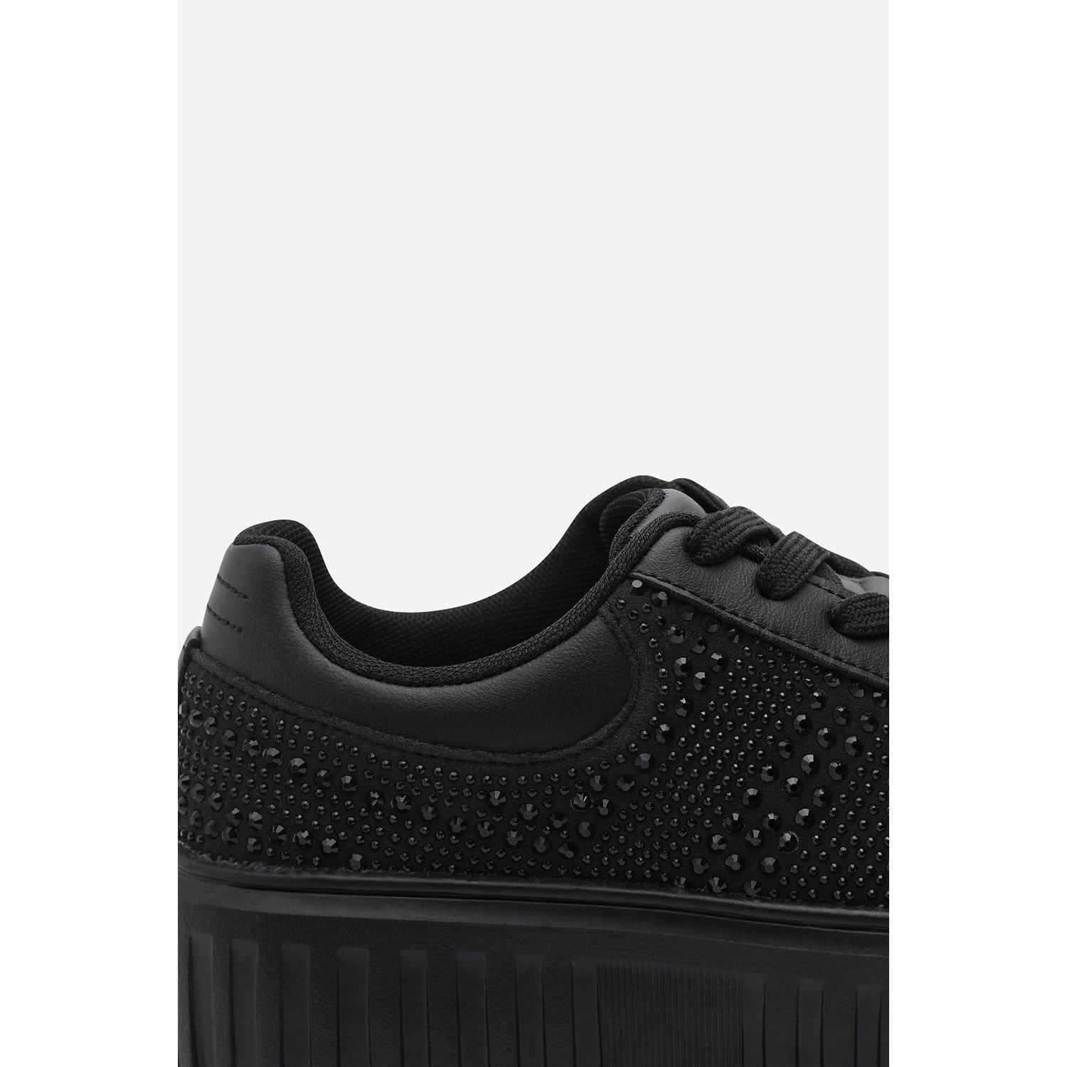 Zwart - Wheres That From - Lace Up Trainer with Diamante pattern and chunky sole - 4