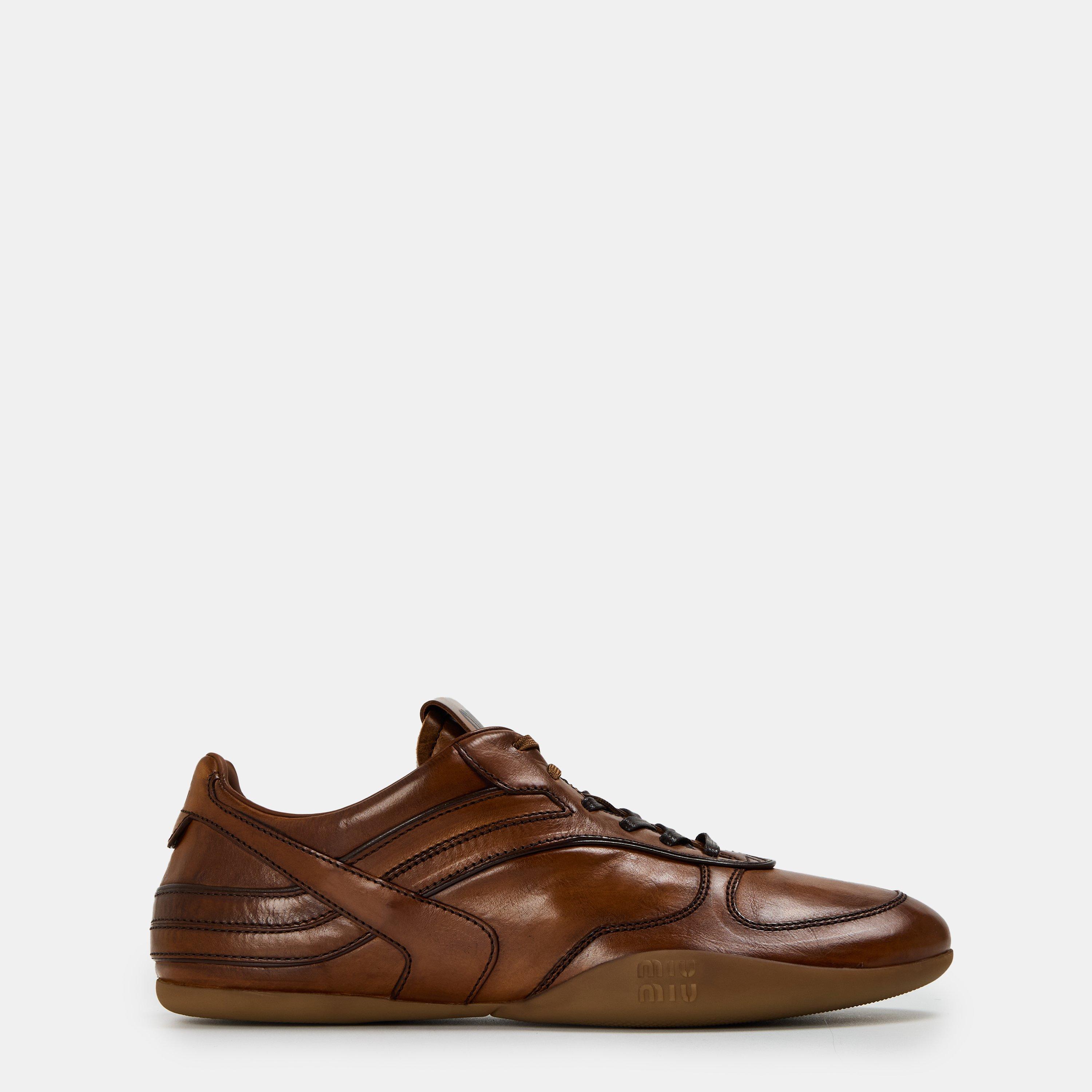 Cognac - Miu Miu - Women's Runner Leather Low-Top Trainers - 1
