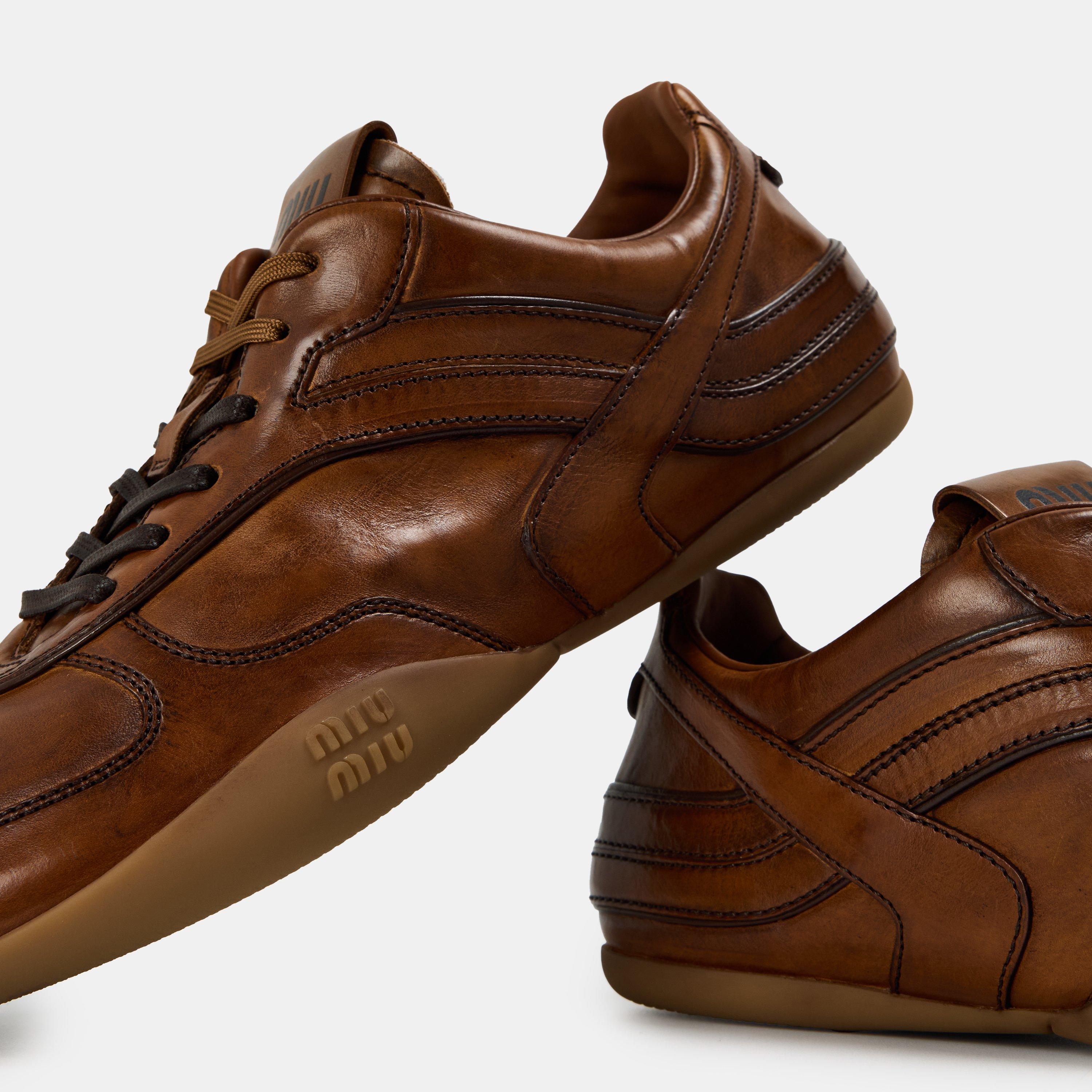 Cognac - Miu Miu - Women's Runner Leather Low-Top Trainers - 4