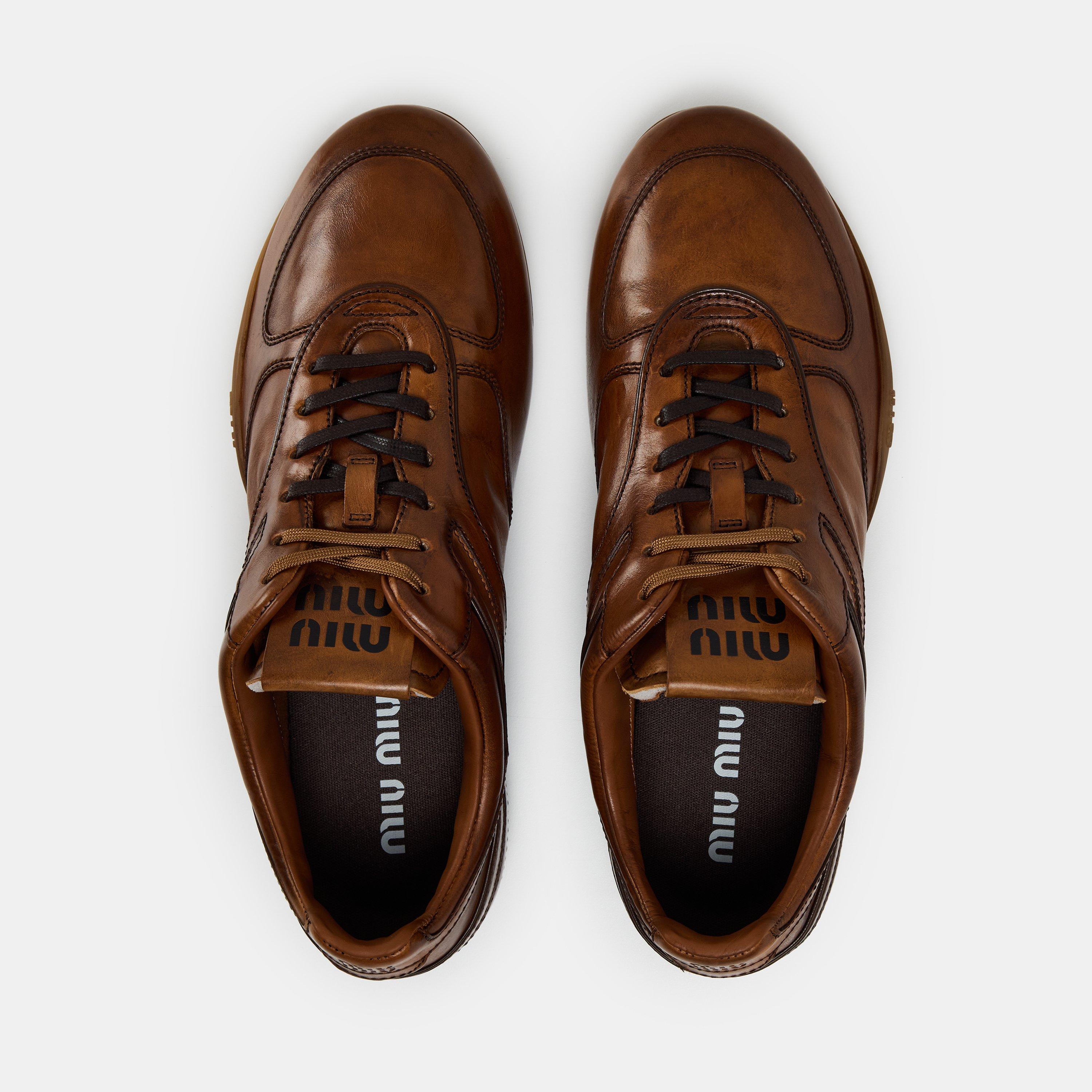 Cognac - Miu Miu - Women's Runner Leather Low-Top Trainers - 5