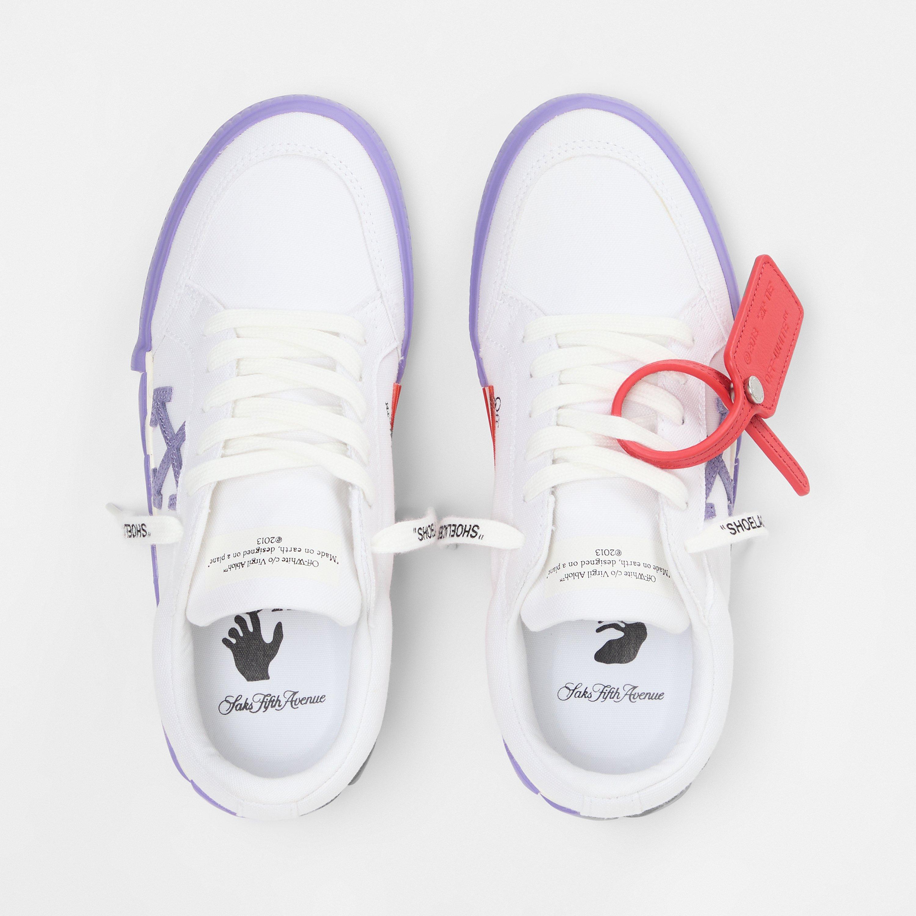 Wit/Paars - Off White - Women's Low Vulcanised Canvas Sneakers, Iconic Arrows Motif - 4