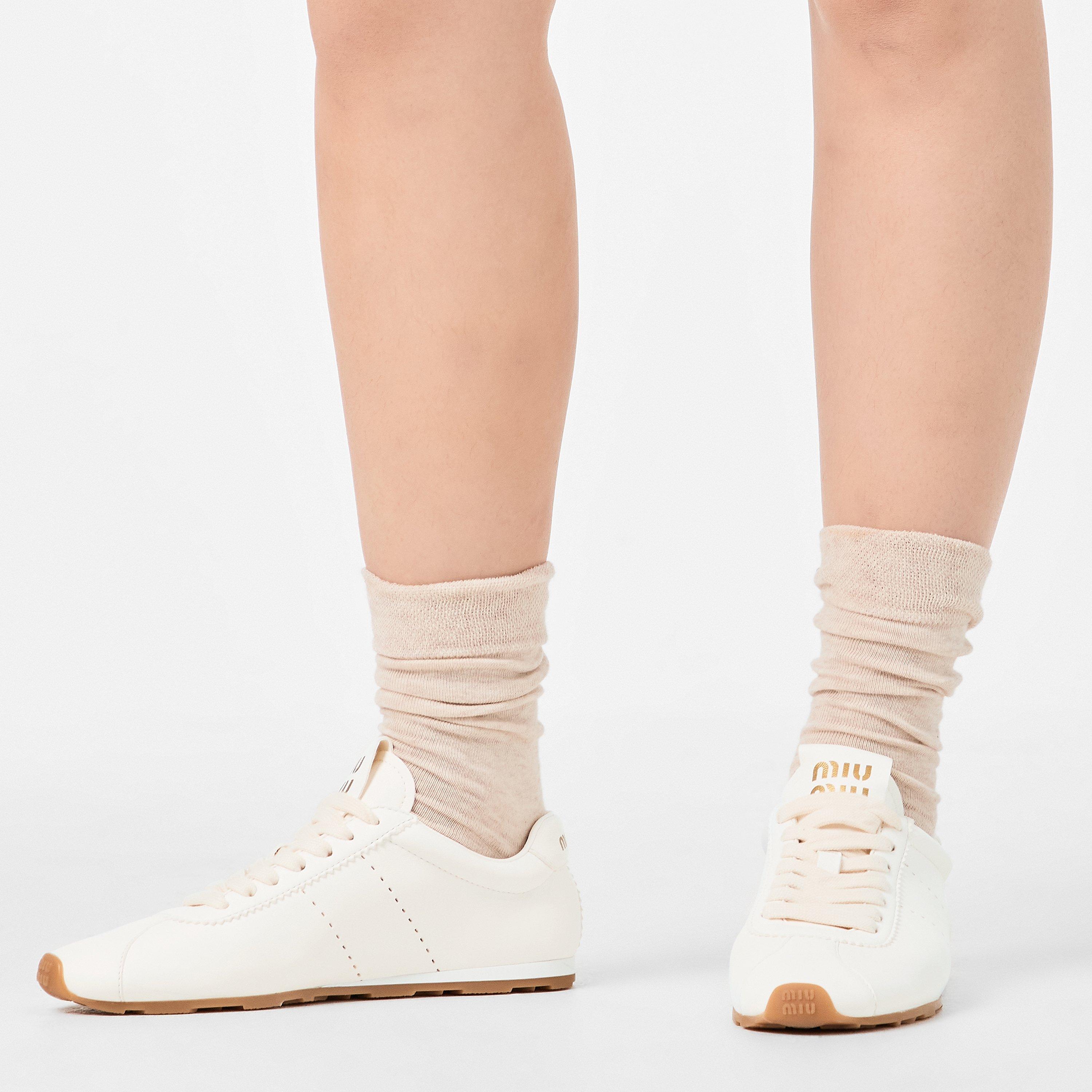 Avorio Leather - Miu Miu - Women's Plume Lace Up Rubber Sole Low-Top Trainers - 3