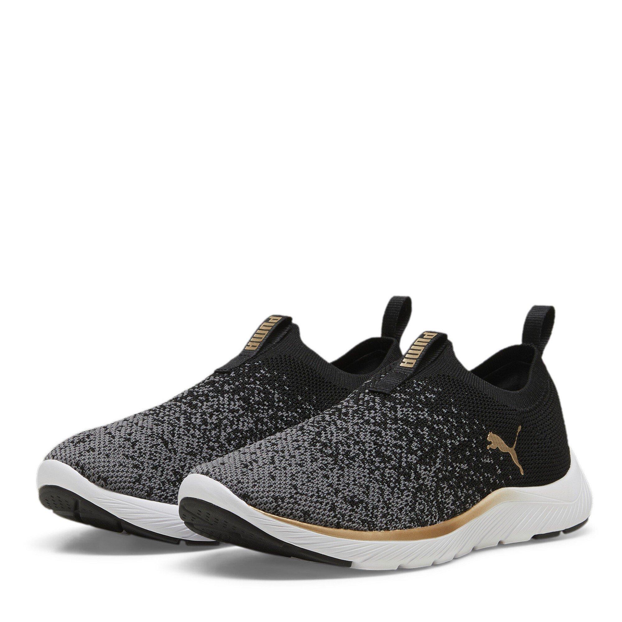 Puma Women's Softride Remi Slip-On Knitted Runners - Black/Wht/Gold - 6.5 (40)