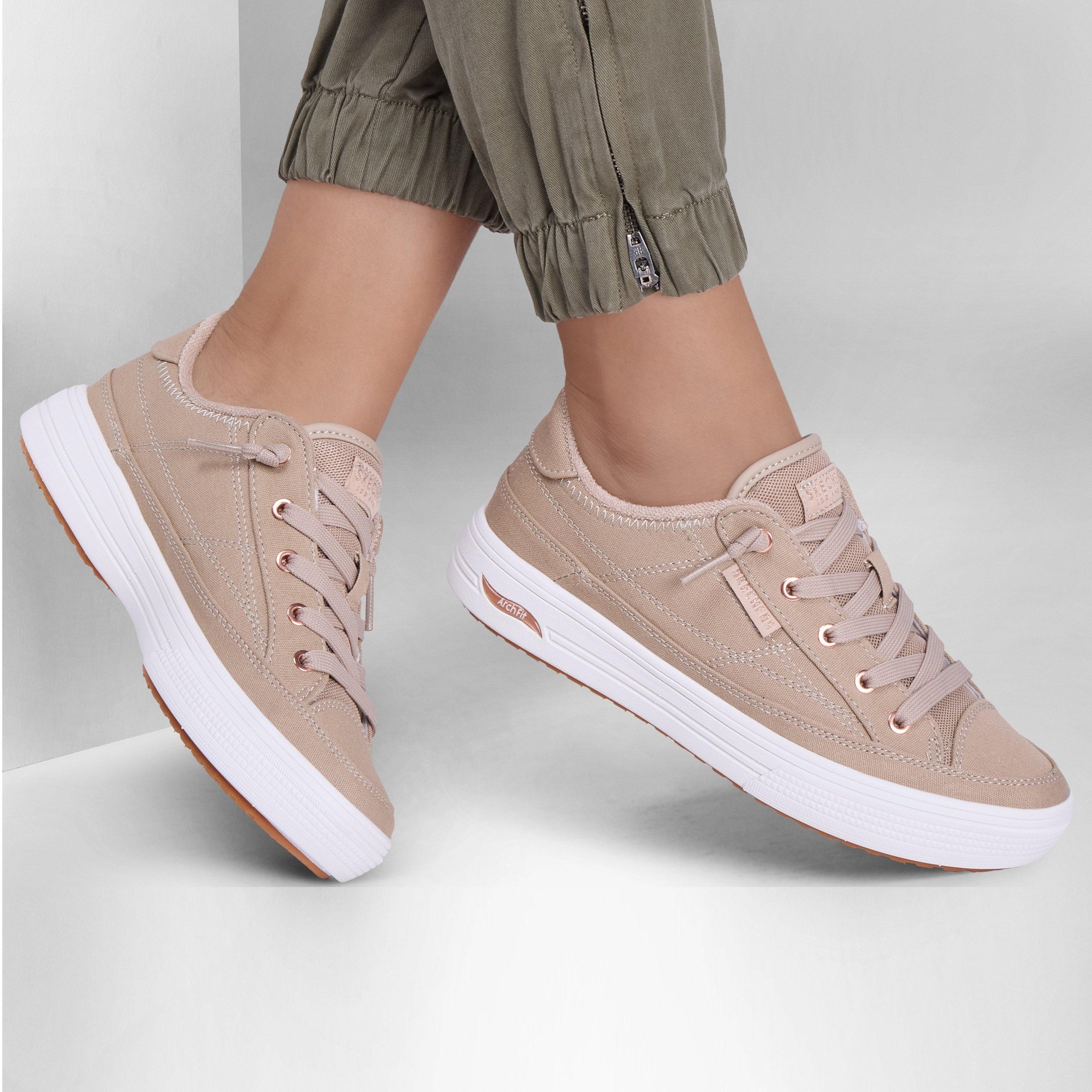 Taupe - Skechers - Arch Fit Arcade-Meet Ya There Canvas Trainers Womens - 3