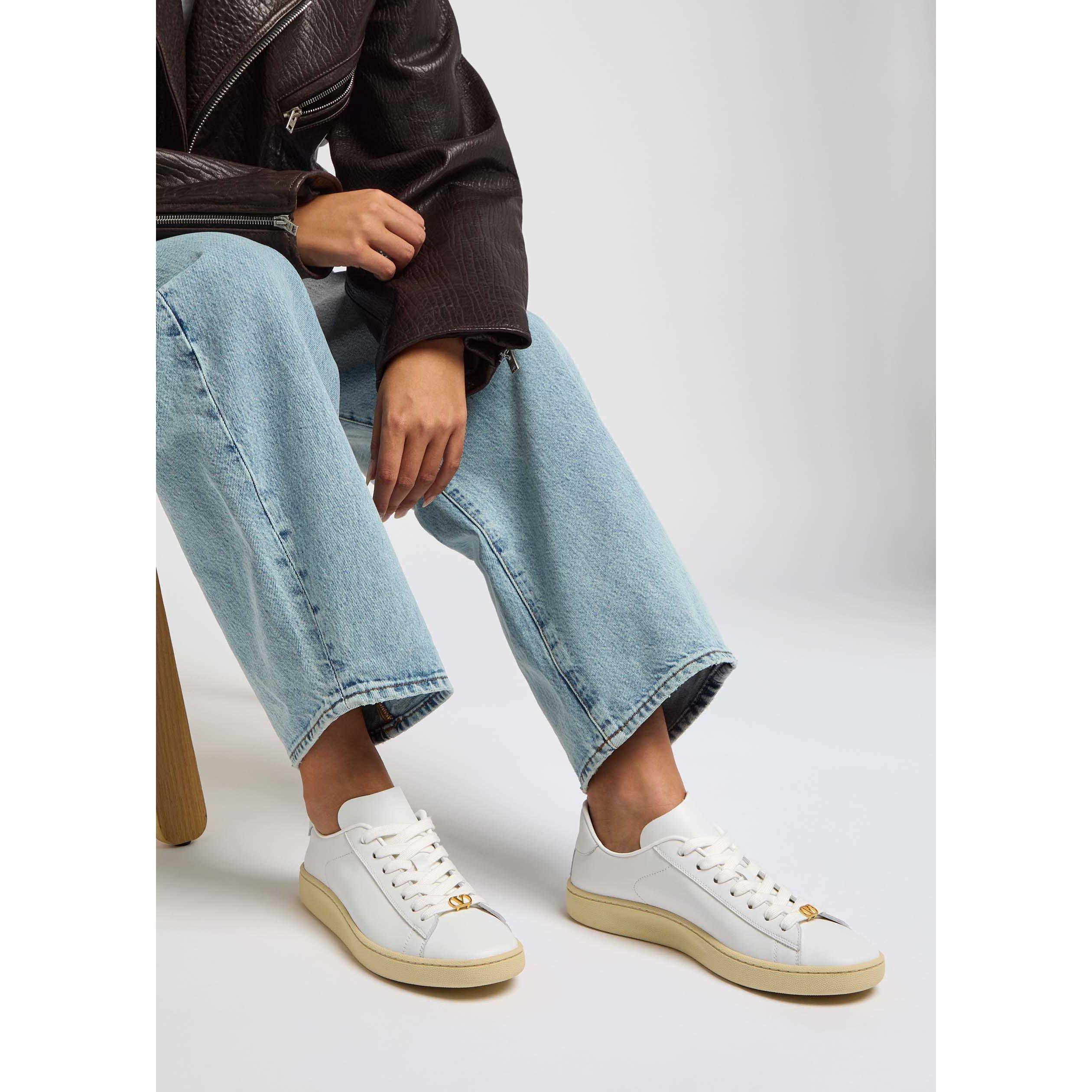 WHITE AND GREEN - Valentino - Women's Royco Leather Low-Top Trainers - 3