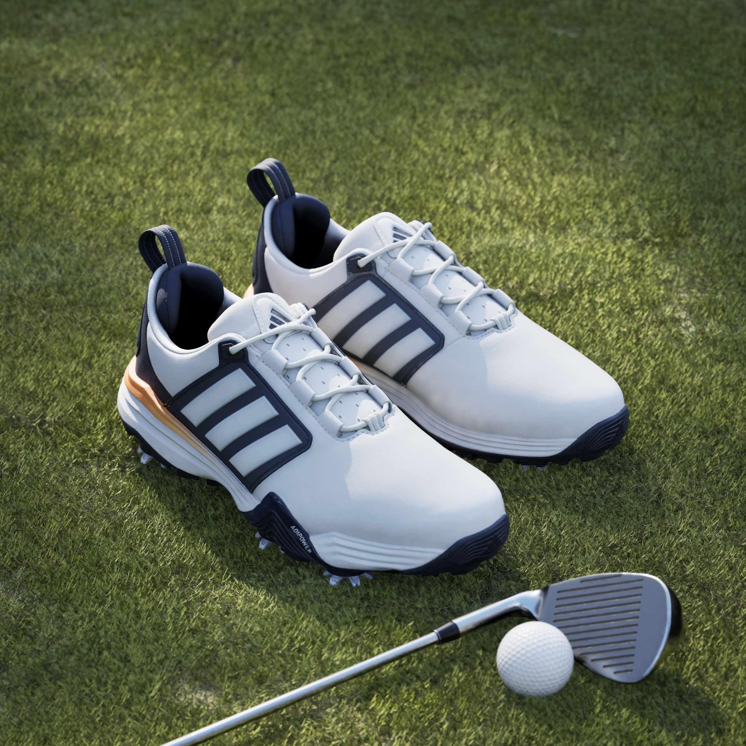  Ftwrwhite/Navy - adidas - Men's Spiked Golf Shoes - 12